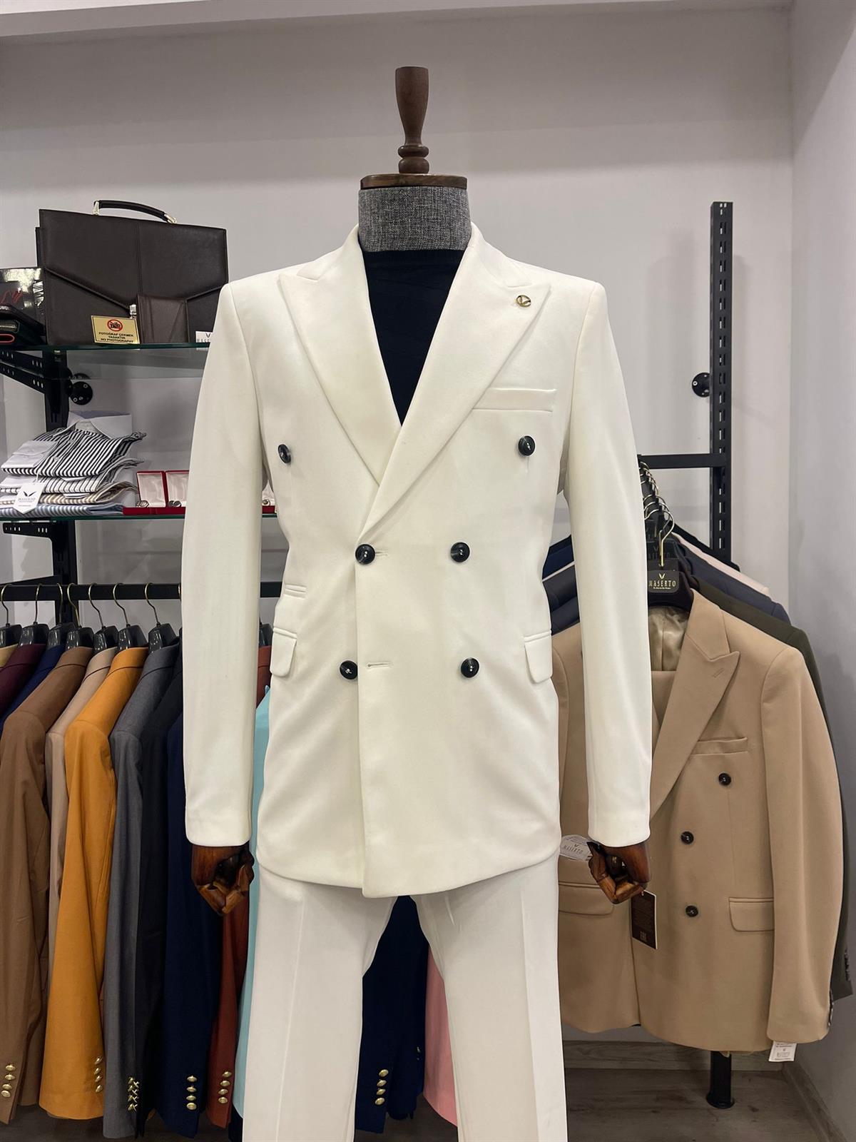 Maserto Slim Fit Beyaz Takım Elbise Düz Desenli