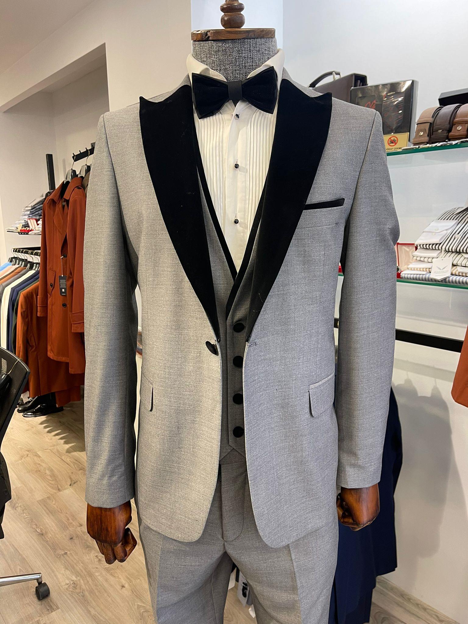 Maserto Slim Fit Gri Damatlık Düz Desenli