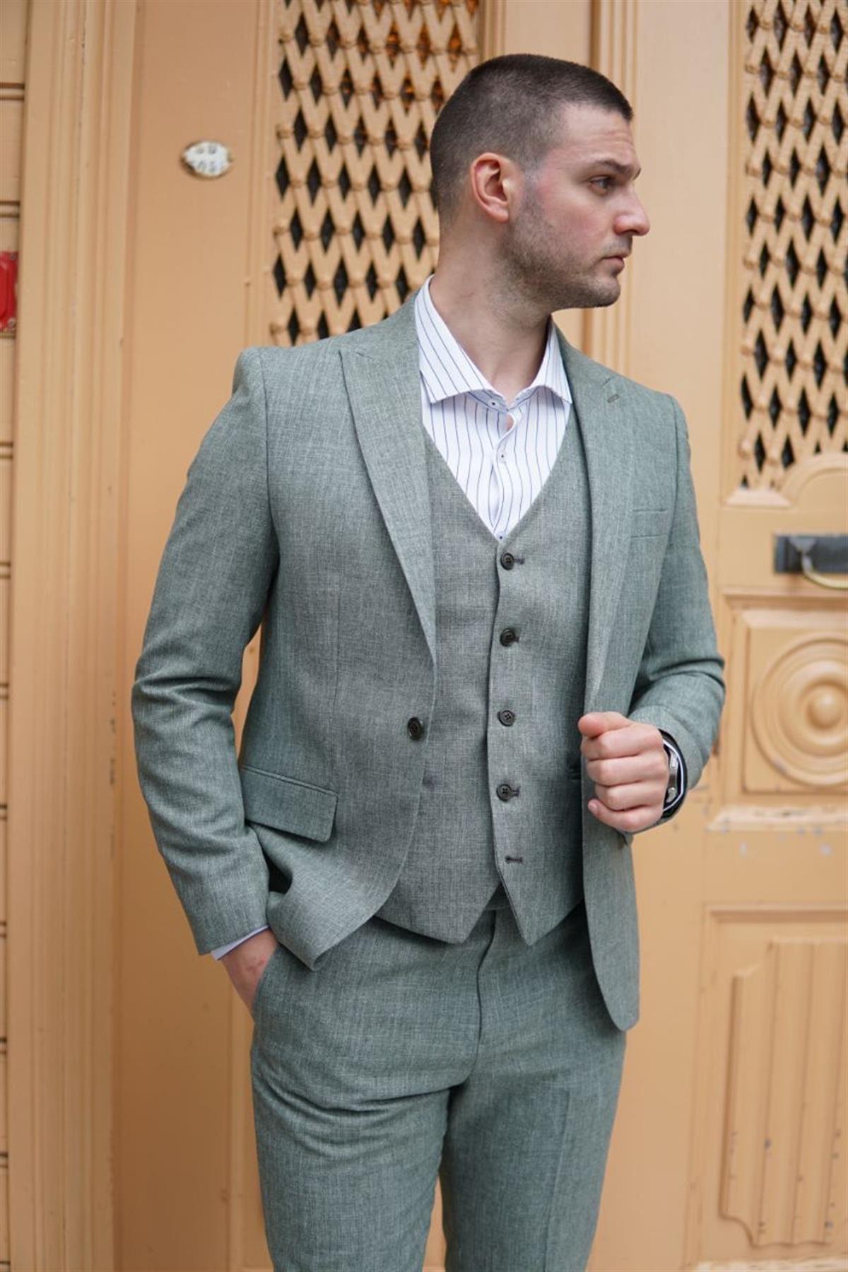 Maserto Slim Fit Gri Takım Elbise Çizgili Desenli
