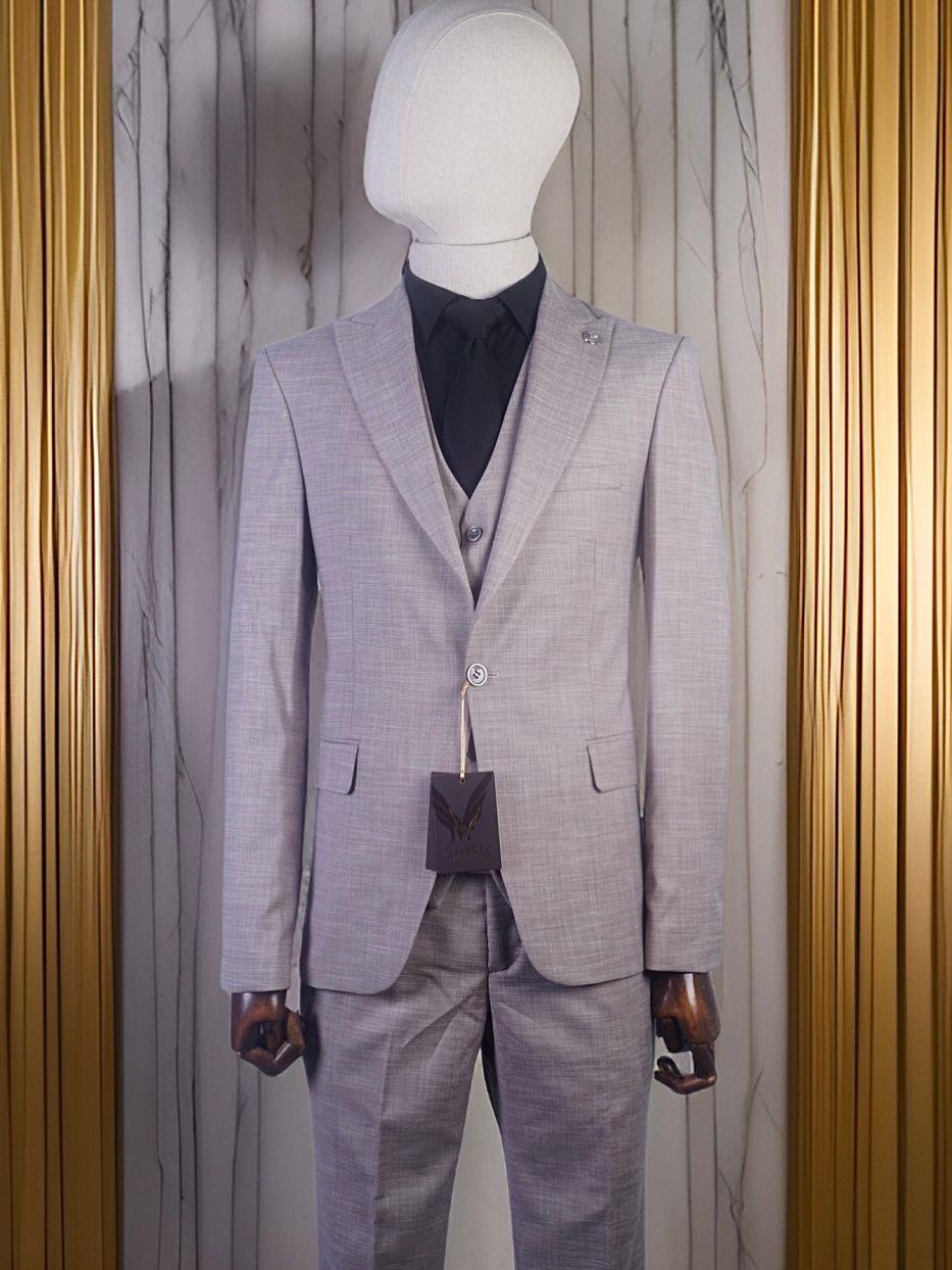 Maserto Slim Fit Gri Takım Elbise Çizgili Desenli