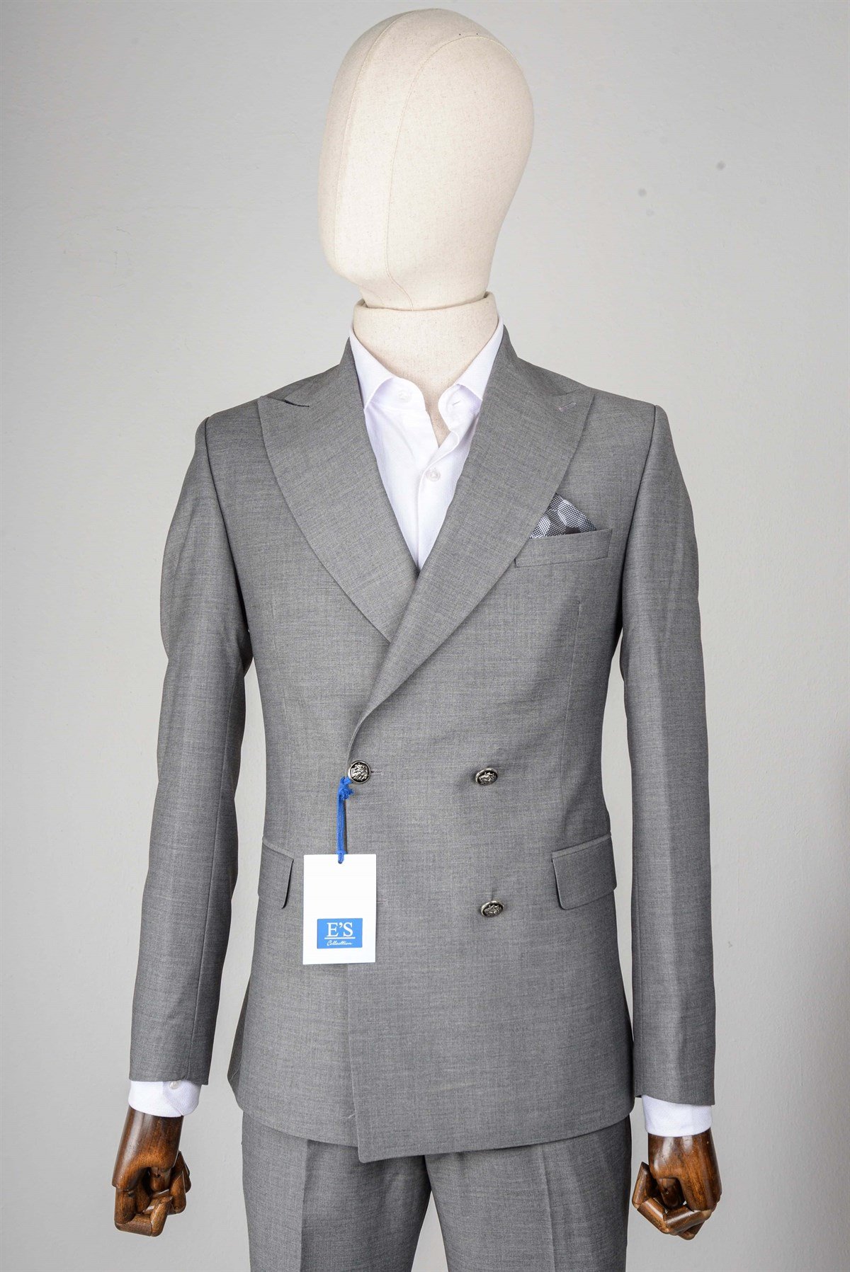 Maserto Slim Fit Gri Takım Elbise Çizgili Desenli