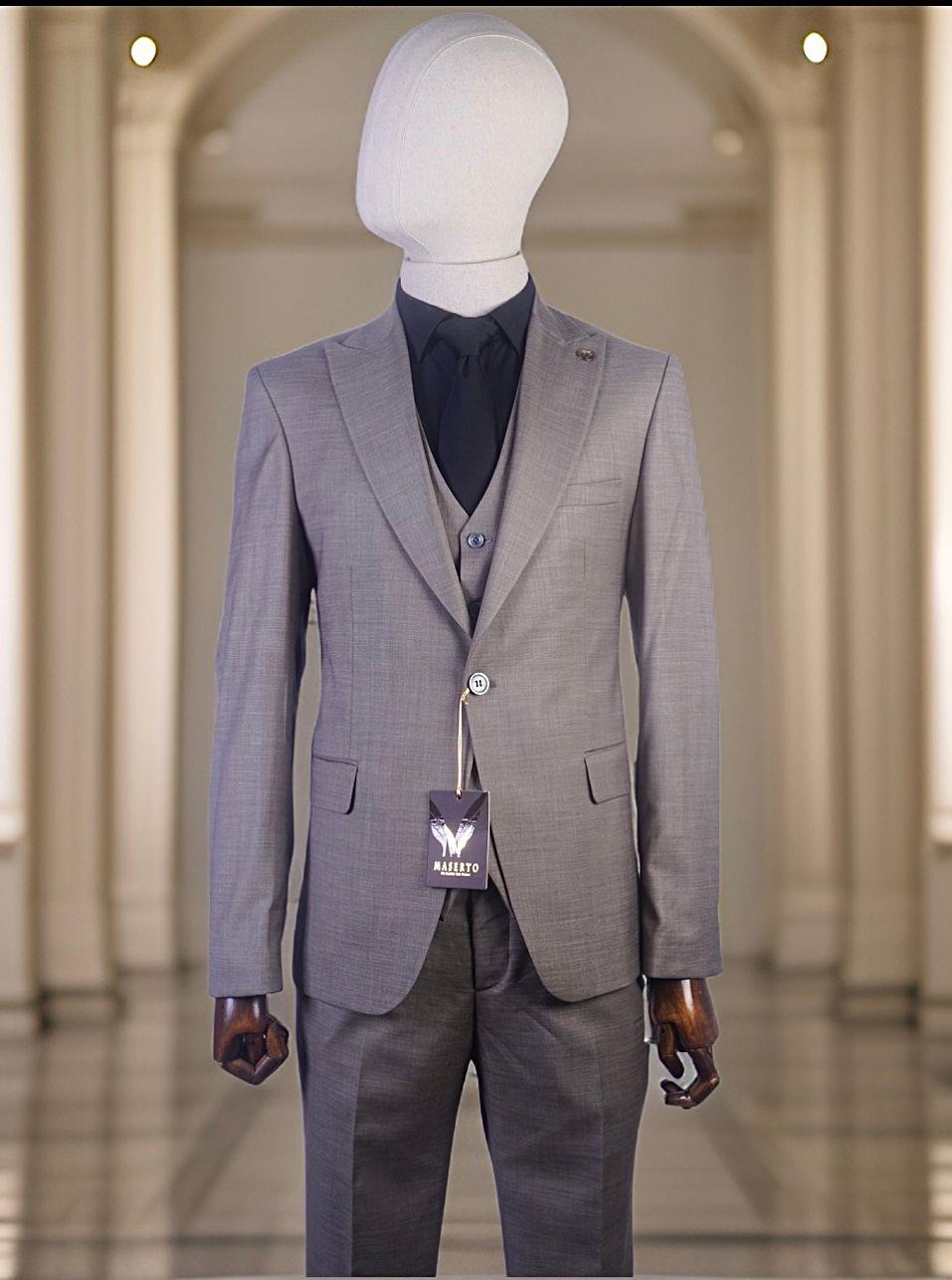 Maserto Slim Fit Gri Takım Elbise Çizgili Desenli