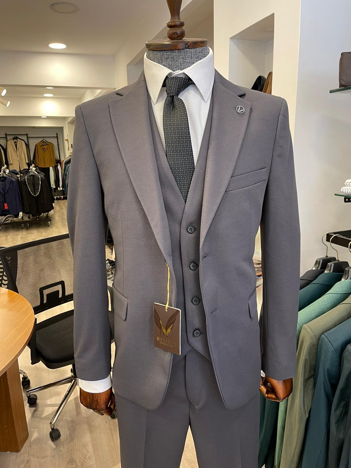 Maserto Slim Fit Gri Takım Elbise Düz Desenli