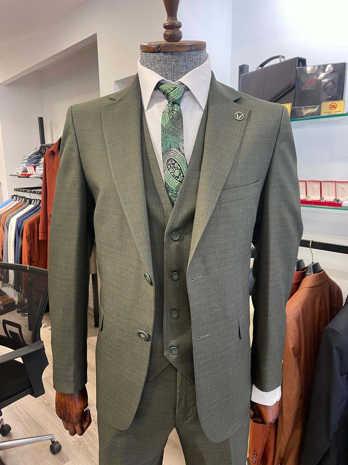 Maserto Slim Fit Haki Takım Elbise Düz Desenli