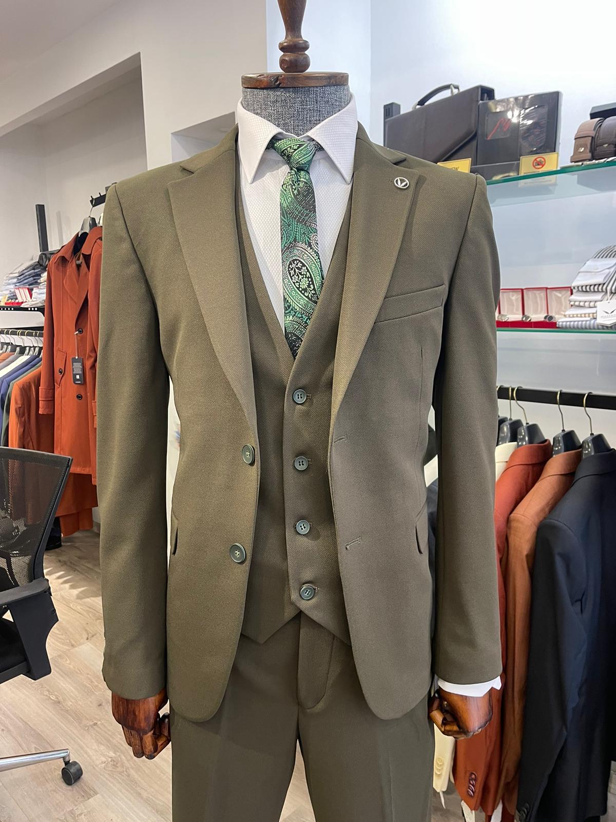 Maserto Slim Fit Haki Takım Elbise Düz Desenli