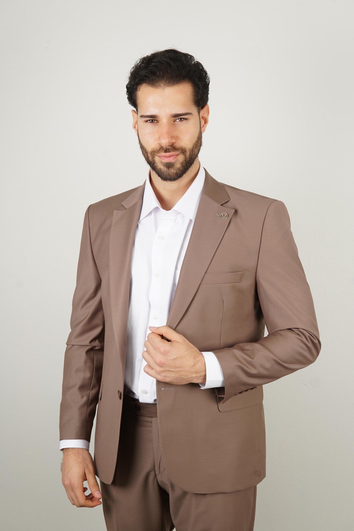 Maserto Slim Fit Kahverengi Takım Elbise Düz Desenli