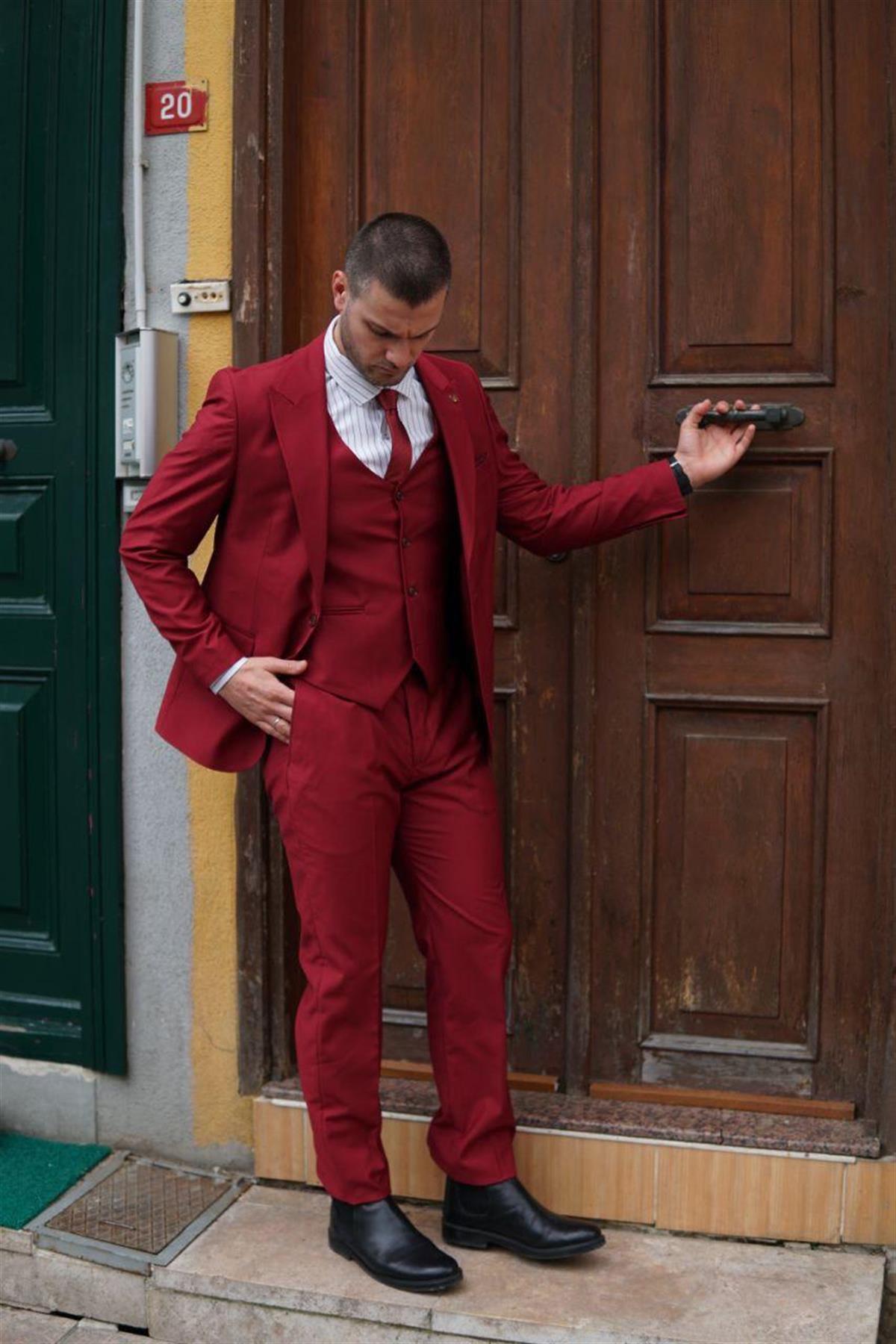 Maserto Slim Fit Kırmızı Takım Elbise Düz Desenli