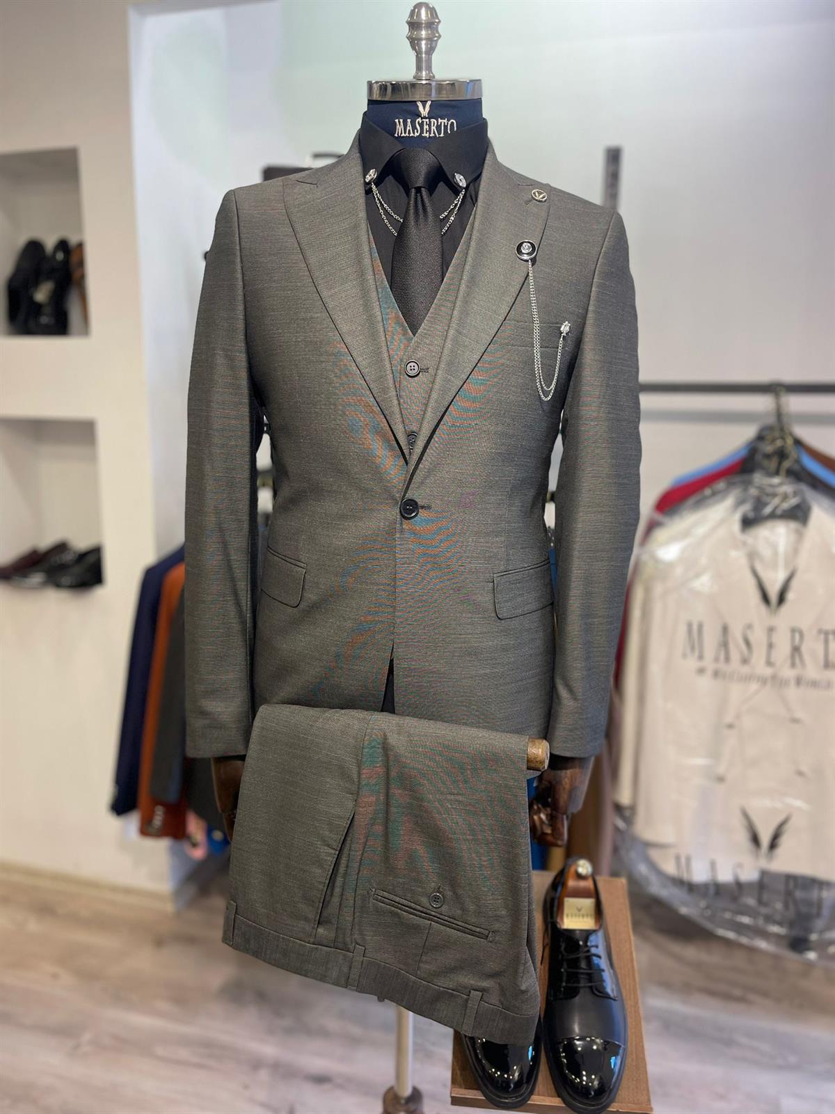 Maserto Slim Fit Kombin Gri Takım Elbise Düz Desenli