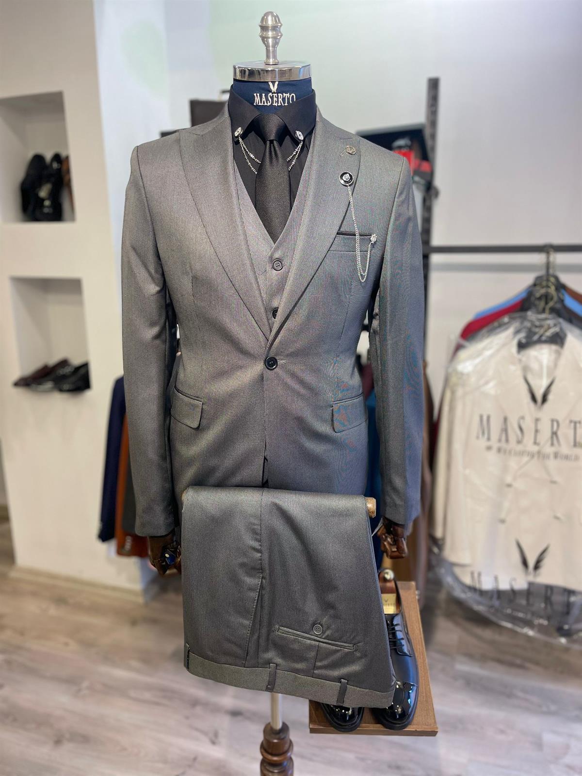 Maserto Slim Fit Kombin Gri Takım Elbise Düz Desenli
