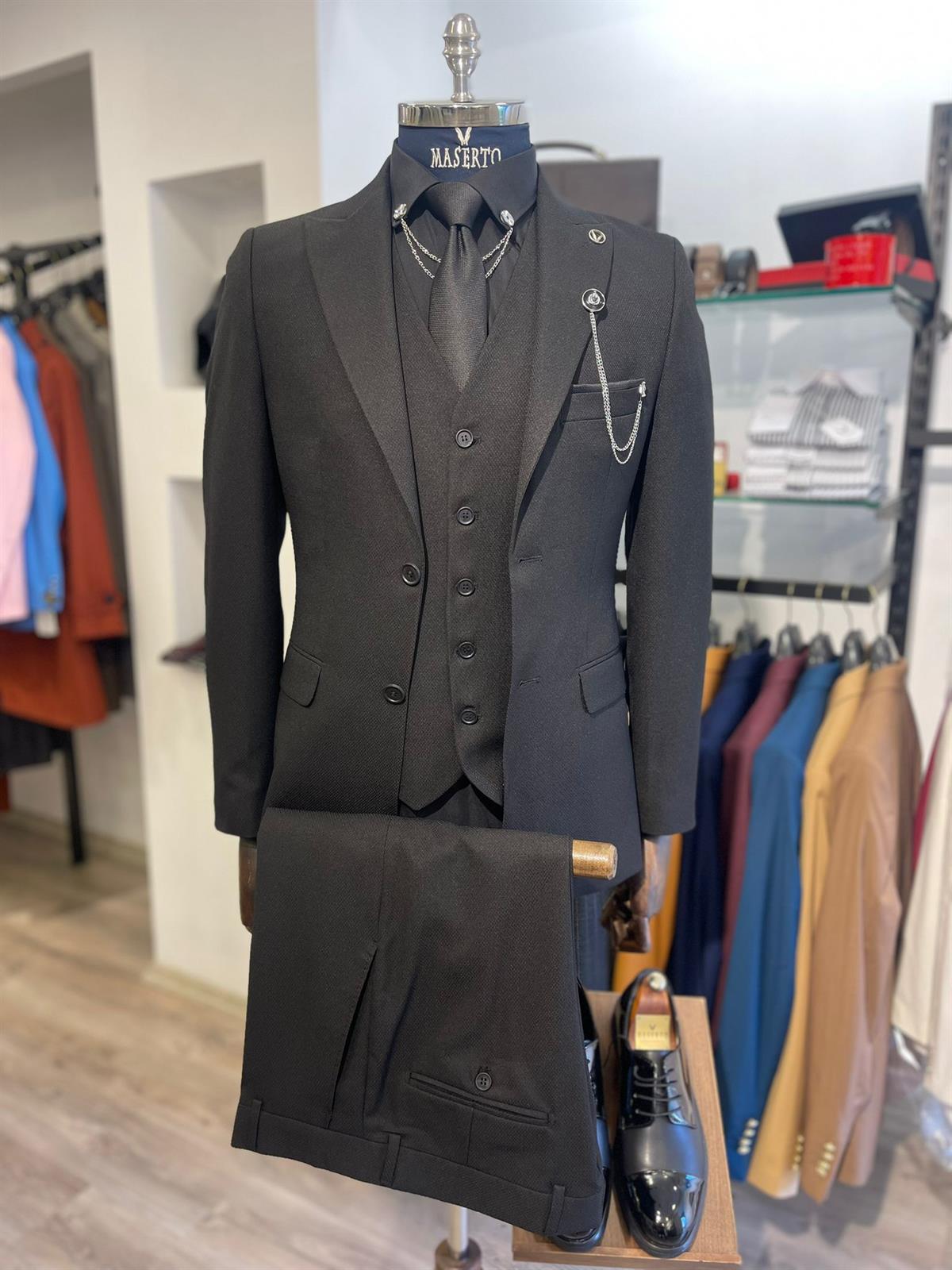 Maserto Slim Fit Kombin Siyah Takım Elbise Düz Desenli
