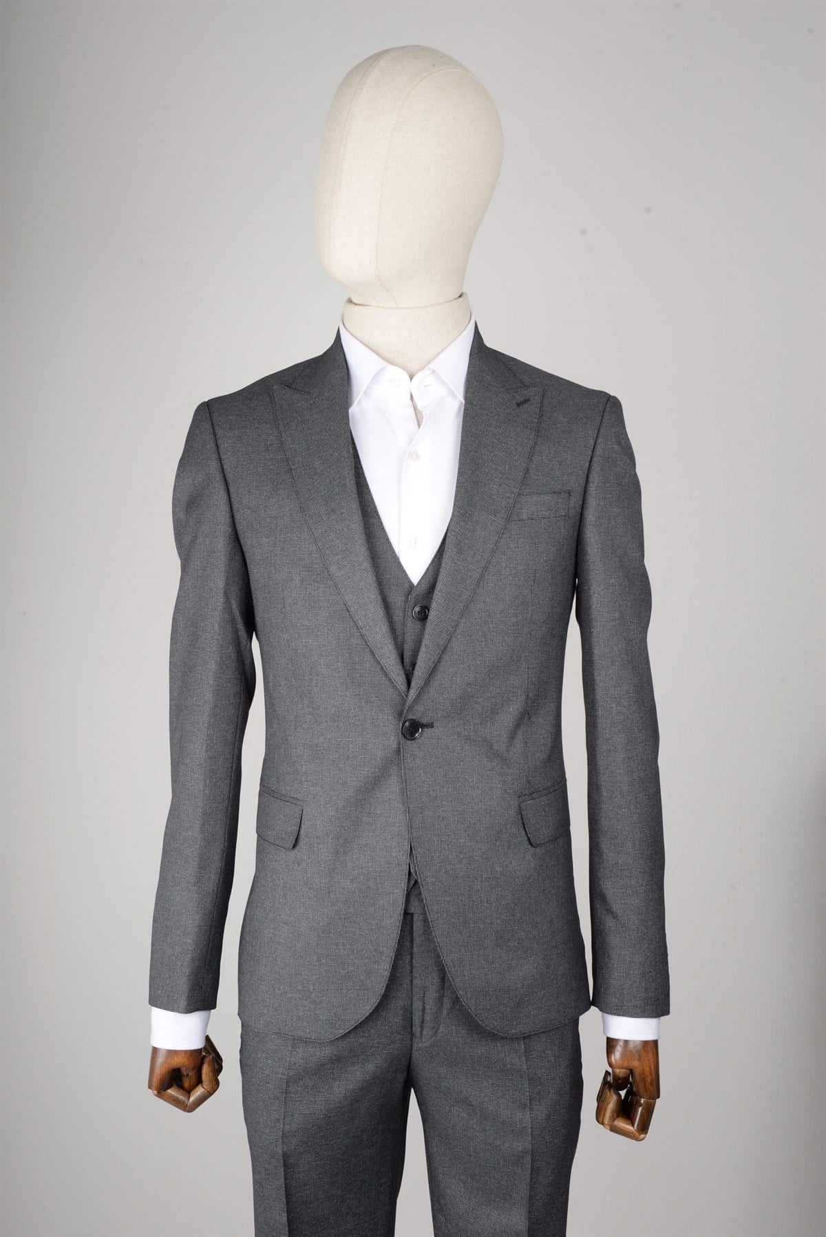 Maserto Slim Fit Koyu Gri Yelekli Takım Elbise Kendinden Desenli