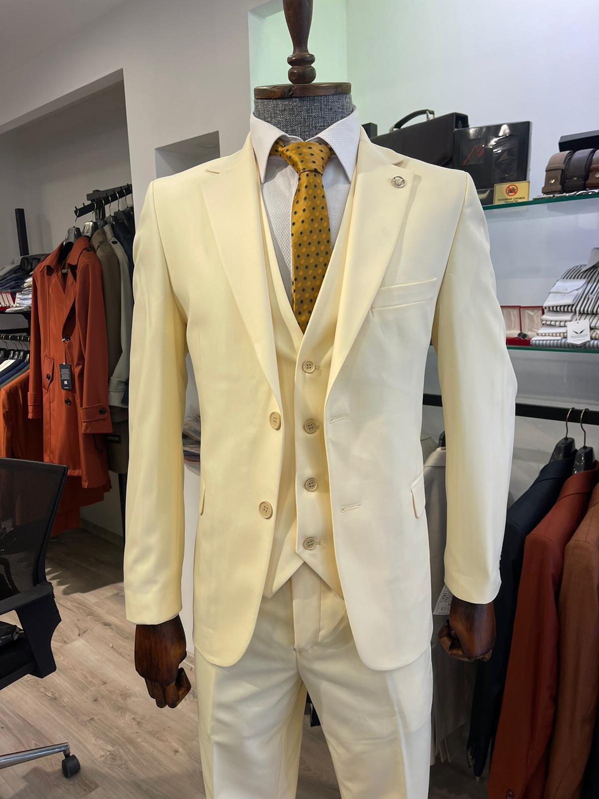 Maserto Slim Fit Krem Takım Elbise Düz Desenli