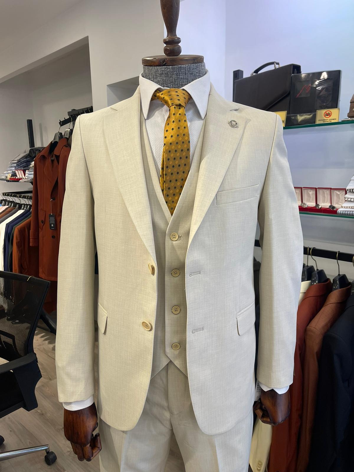 Maserto Slim Fit Krem Takım Elbise Düz Desenli