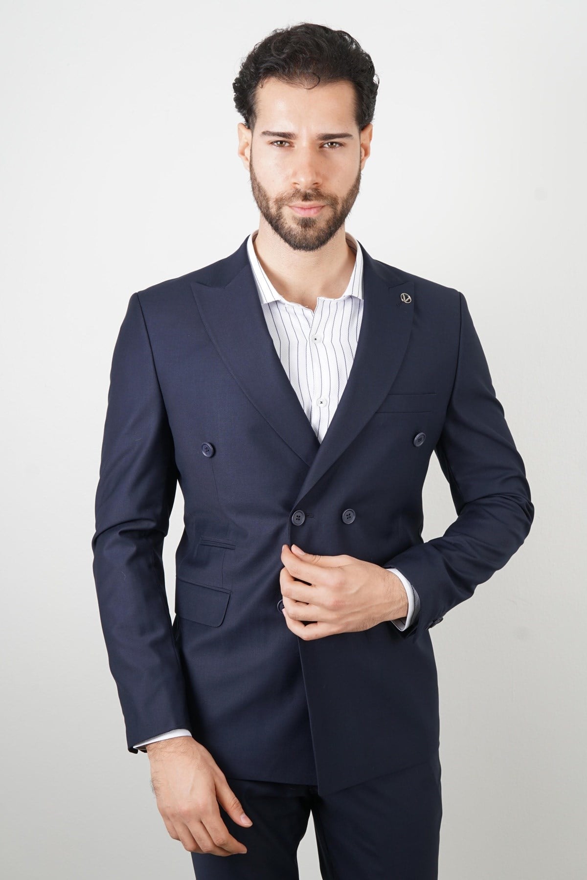 Maserto Slim Fit Kruvaze Lacivert Takım Elbise Düz Desenli