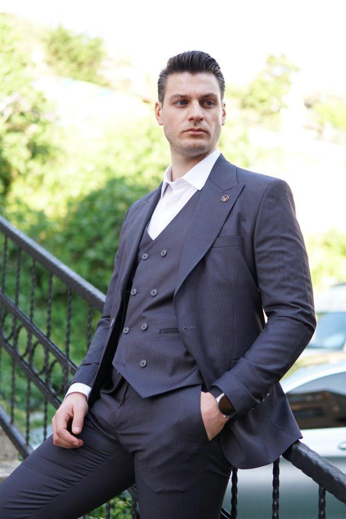 Maserto Slim Fit Lacivert Takım Elbise Çizgi Desenli