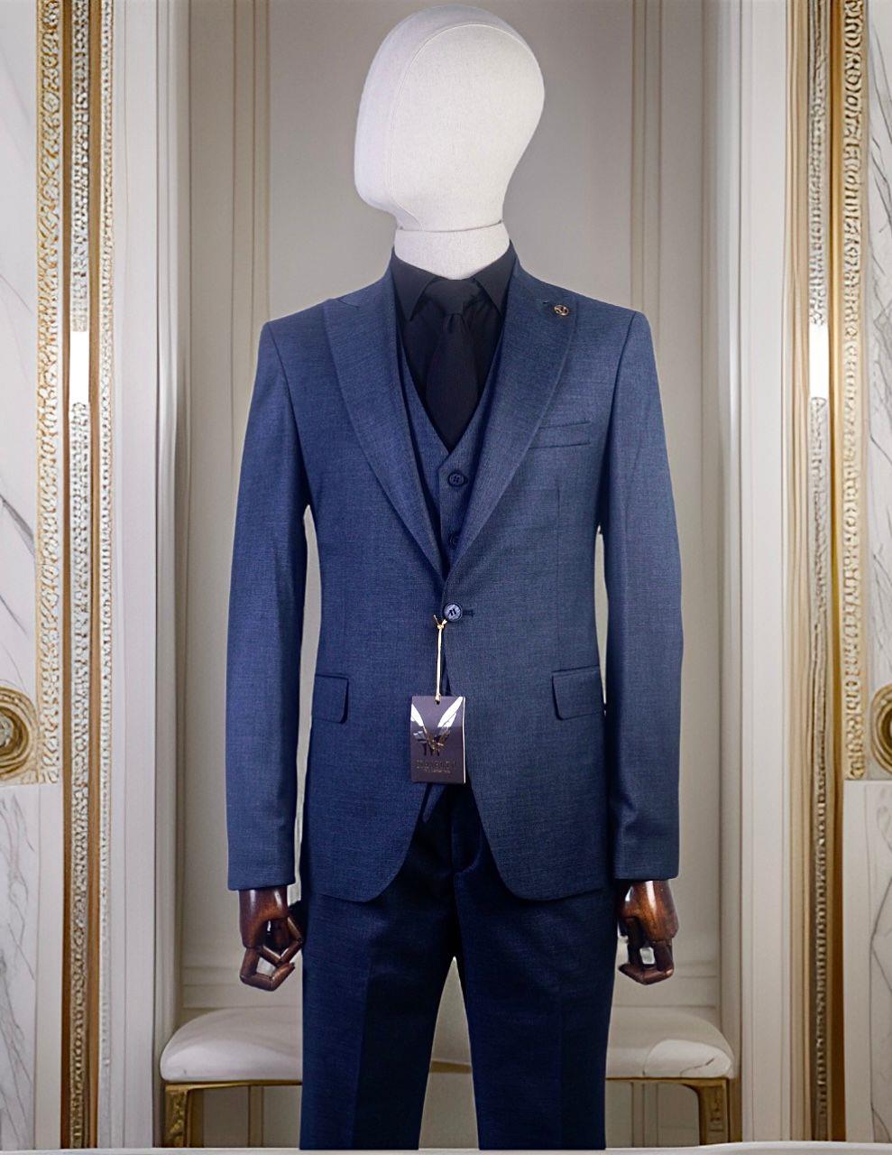 Maserto Slim Fit Lacivert Takım Elbise Çizgili Desenli