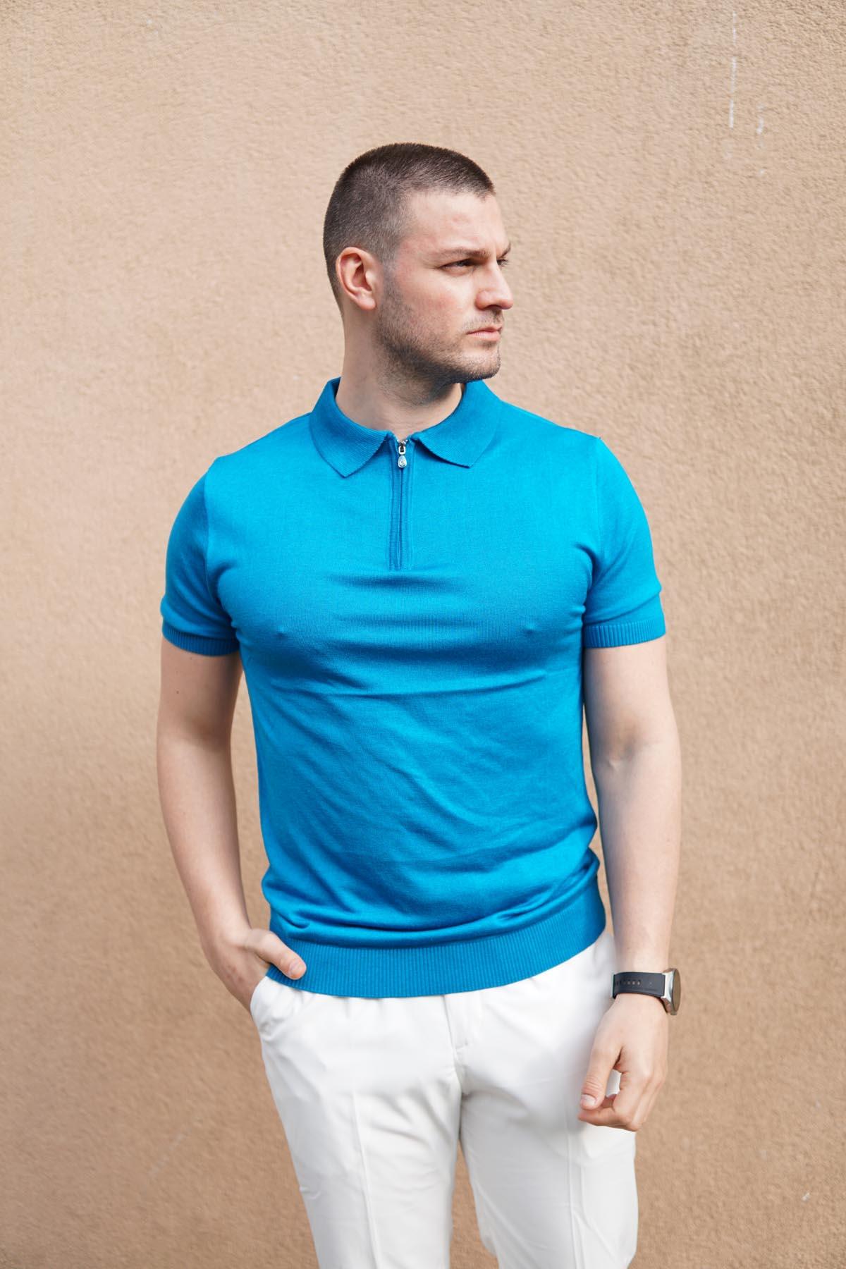 Maserto Slim Fit Mavi Polo Yaka T-Shirt Örme Desenli