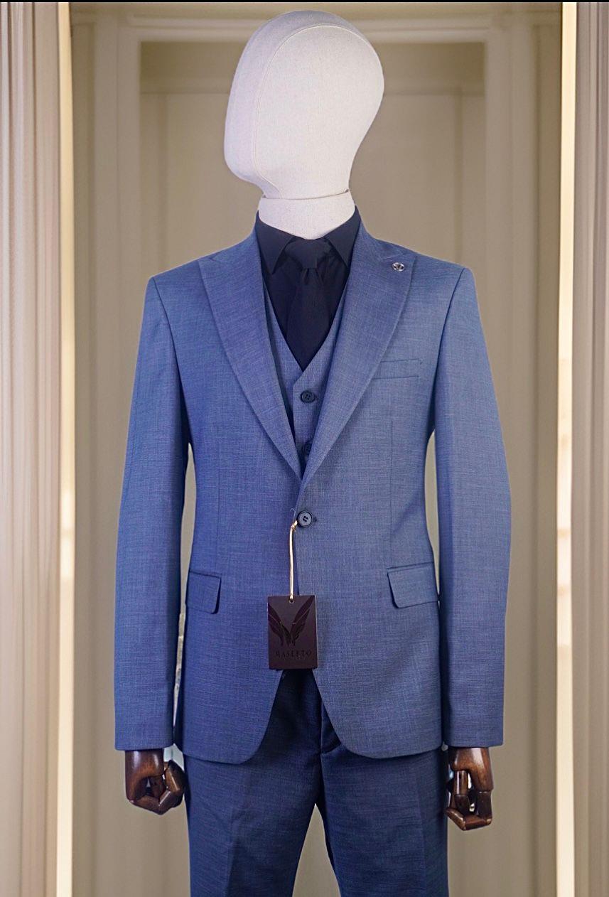 Maserto Slim Fit Mavi Takım Elbise Çizgili Desenli