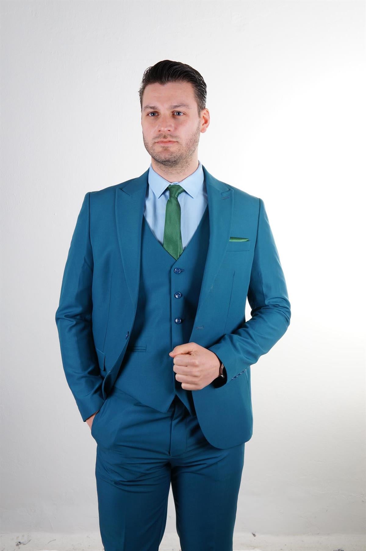 Maserto Slim Fit Mavi Takım Elbise Düz Desenli