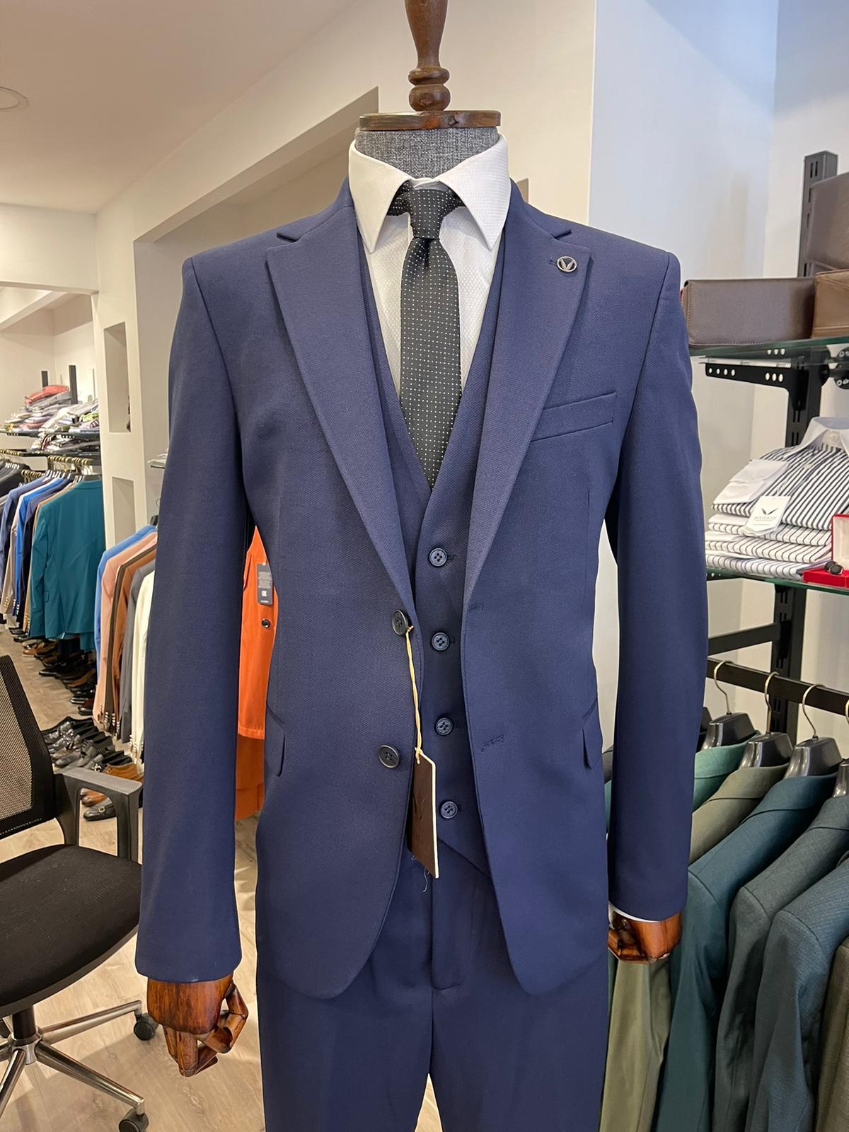 Maserto Slim Fit Mavi Takım Elbise Düz Desenli