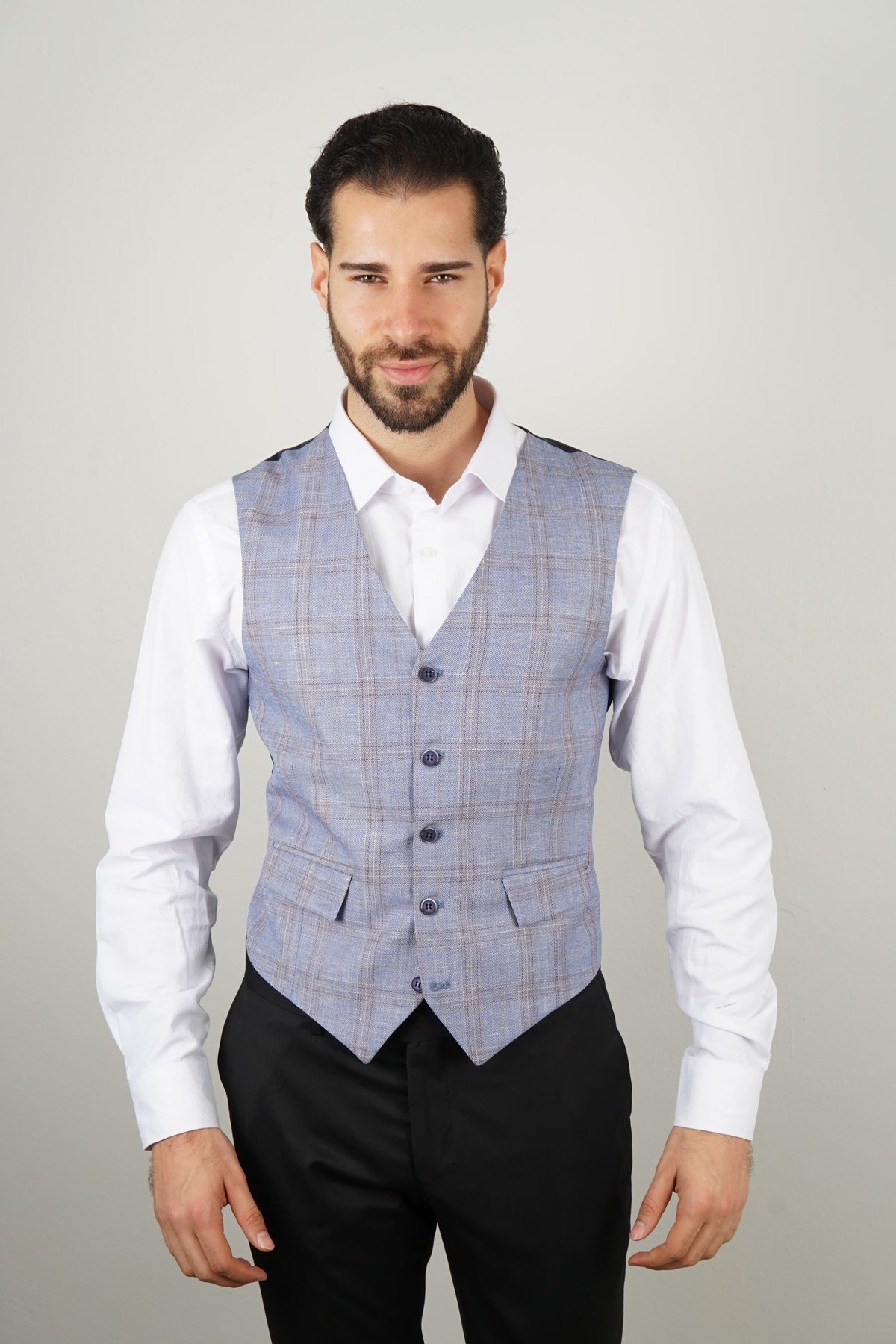 Maserto Slim Fit Mavi Yelek Ekose Desenli