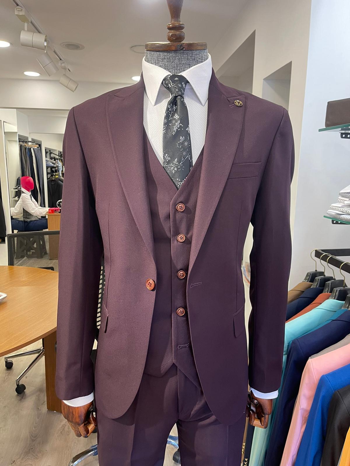 Maserto Slim Fit Mor Takım Elbise Düz Desenli