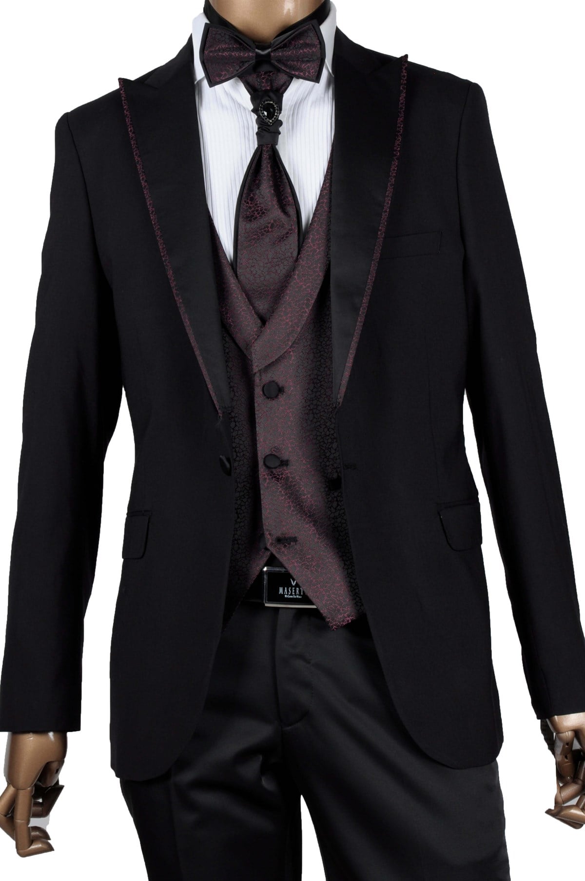 Maserto Slim Fit Mor Yelekli Özel Siyah Damatlık Desenli