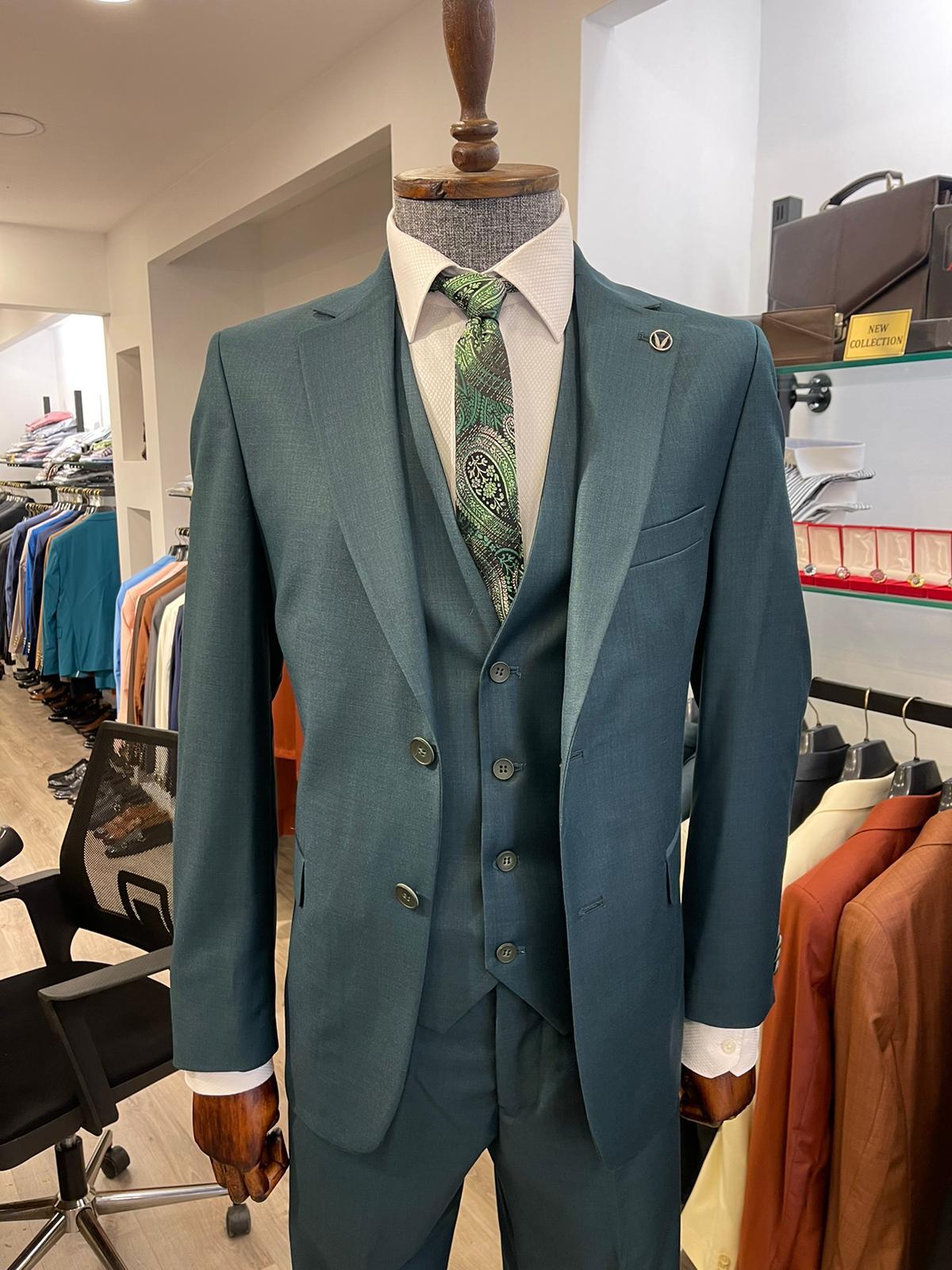 Maserto Slim Fit Petrol Takım Elbise Düz Desenli