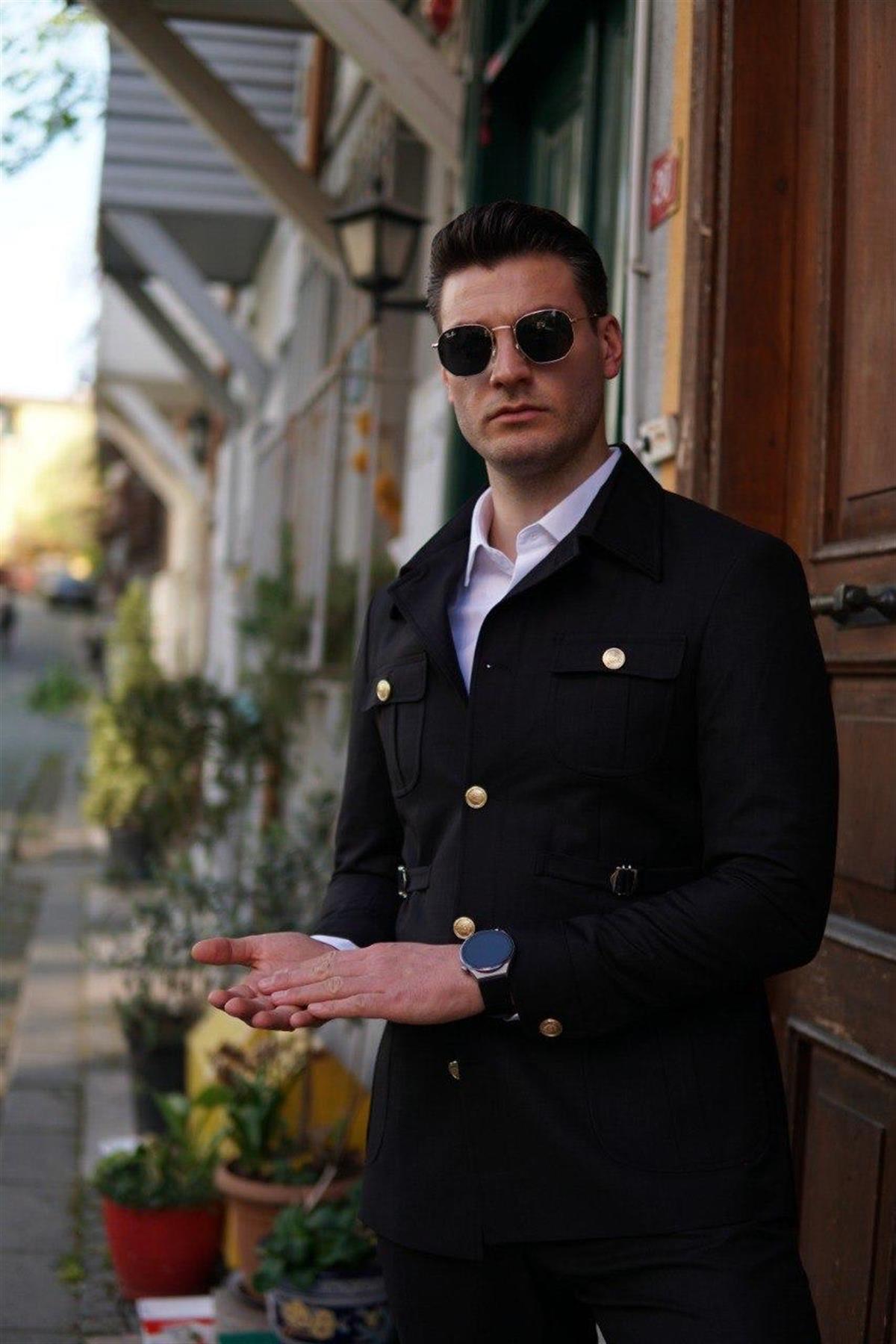 Maserto Slim Fit Siyah Cepli Takım Elbise Kendinden Desenli