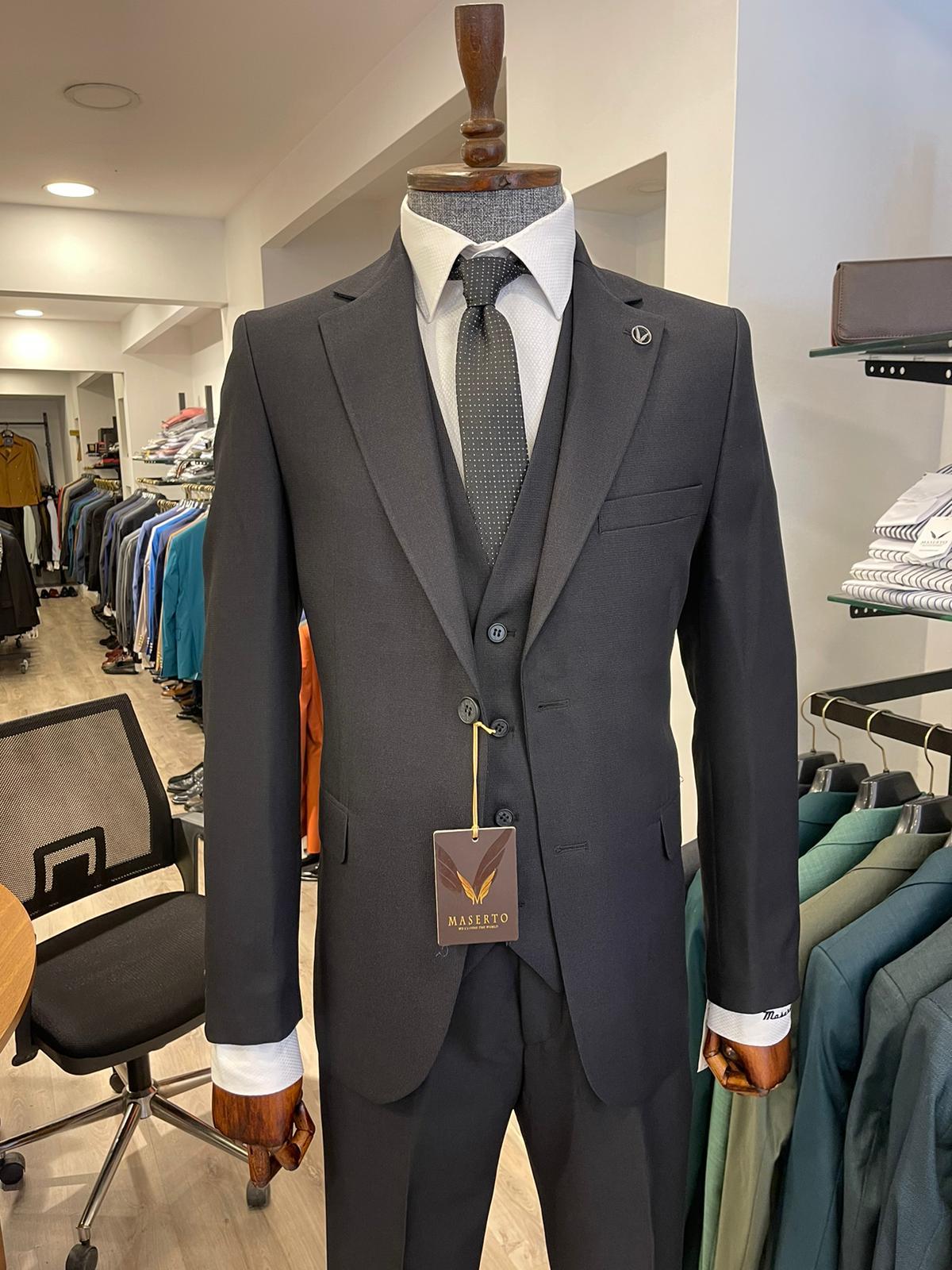 Maserto Slim Fit Siyah Takım Elbise Düz Desenli