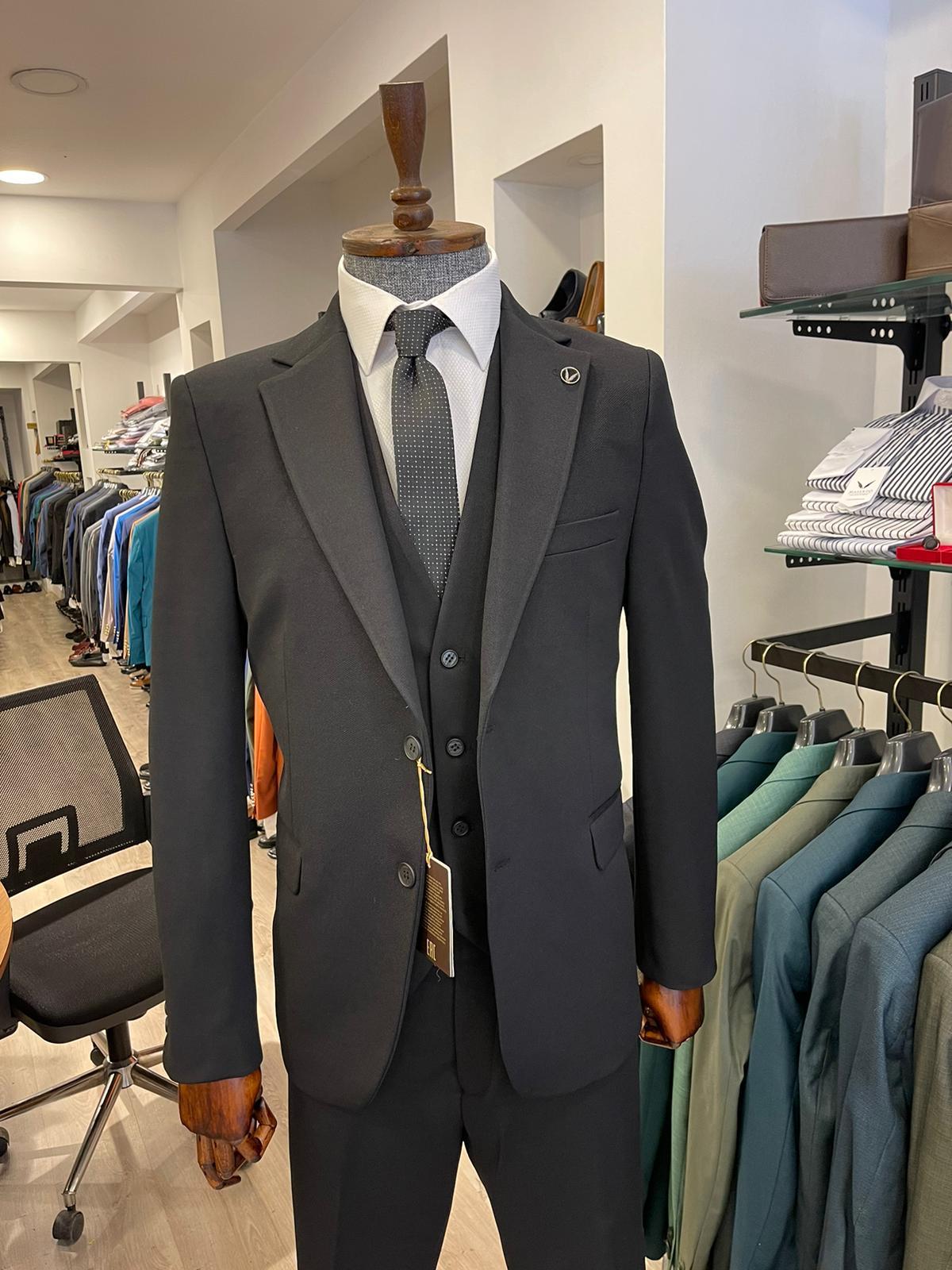 Maserto Slim Fit Siyah Takım Elbise Düz Desenli