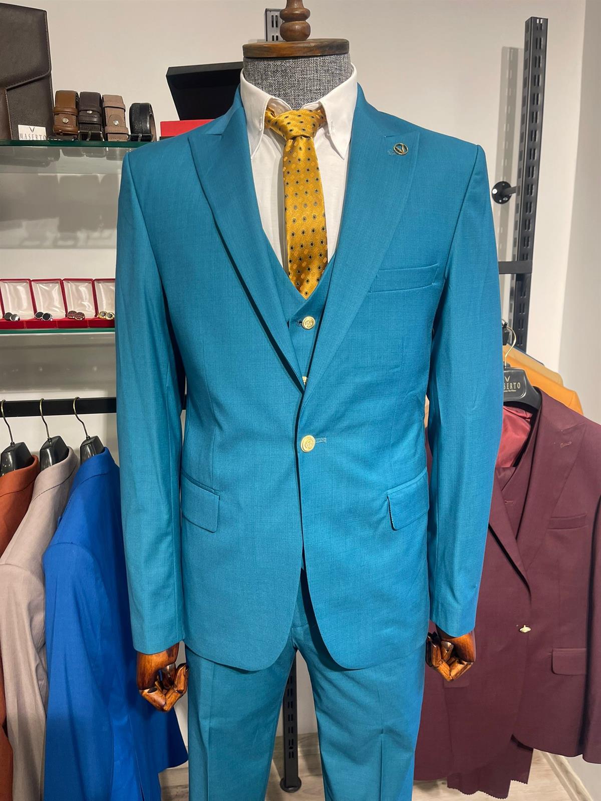 Maserto Slim Fit Turkuaz Takım Elbise Düz Desenli
