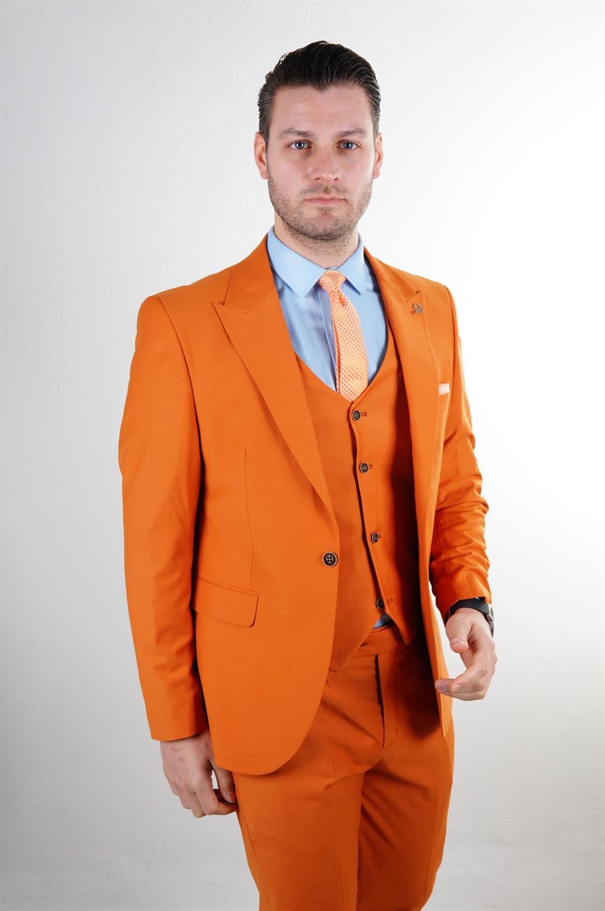 Maserto Slim Fit Turuncu Takım Elbise Düz Desenli