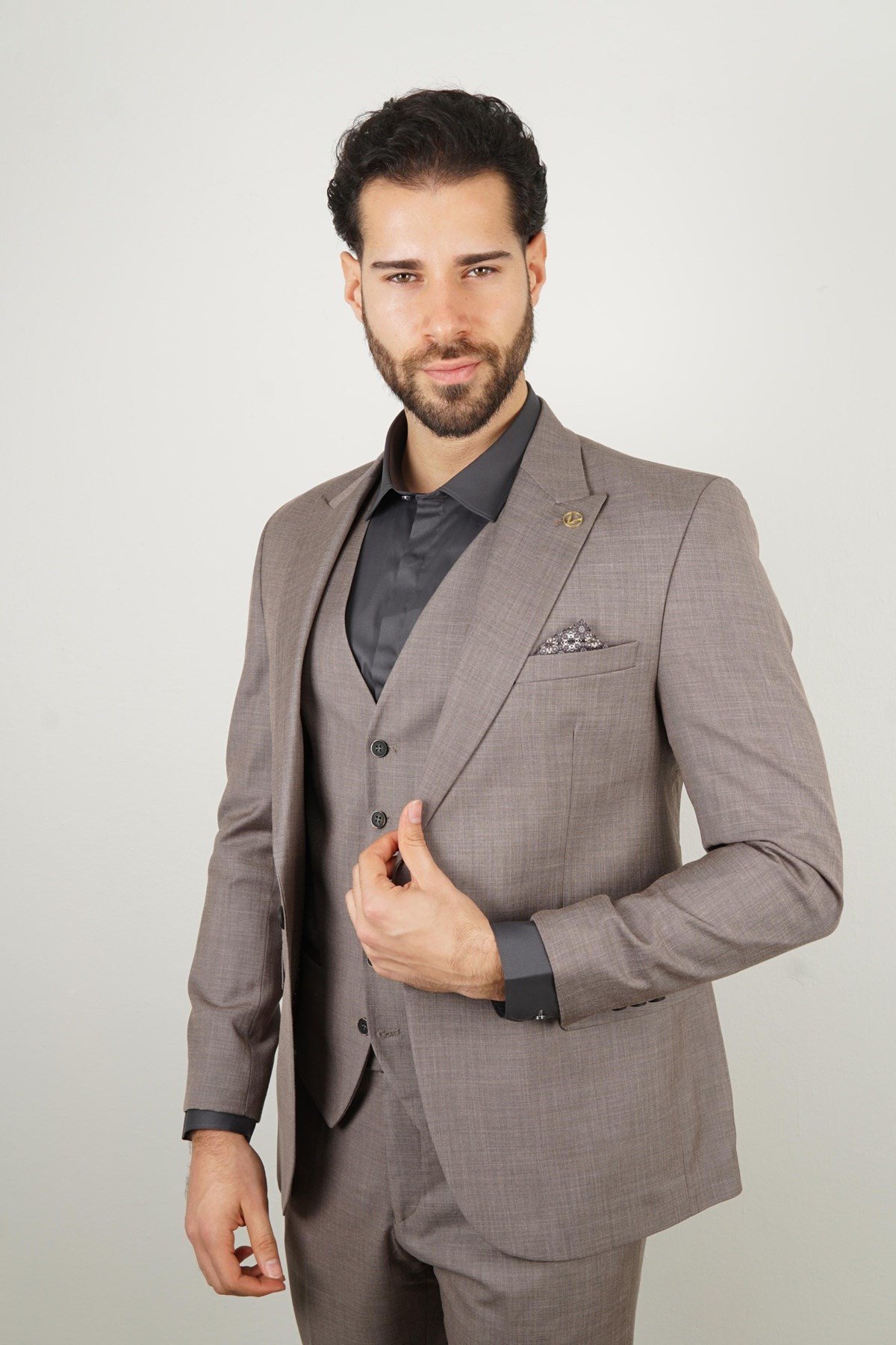 Maserto Slim Fit Vizon Takım Elbise Düz Desenli