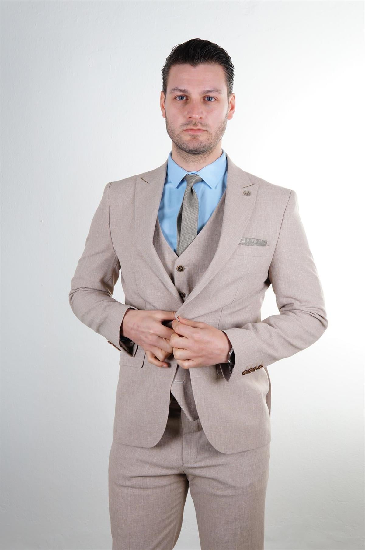 Maserto Slim Fit Vizon Takım Elbise Kendinden Desenli