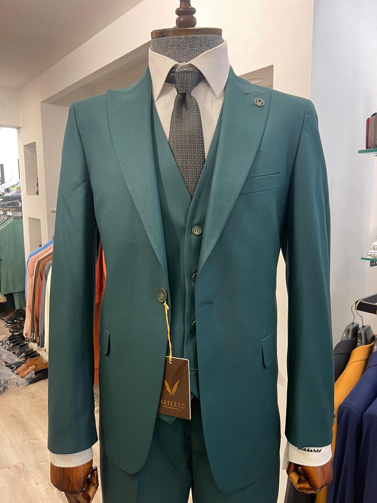 Maserto Slim Fit Yeşil Takım Elbise Düz Desenli