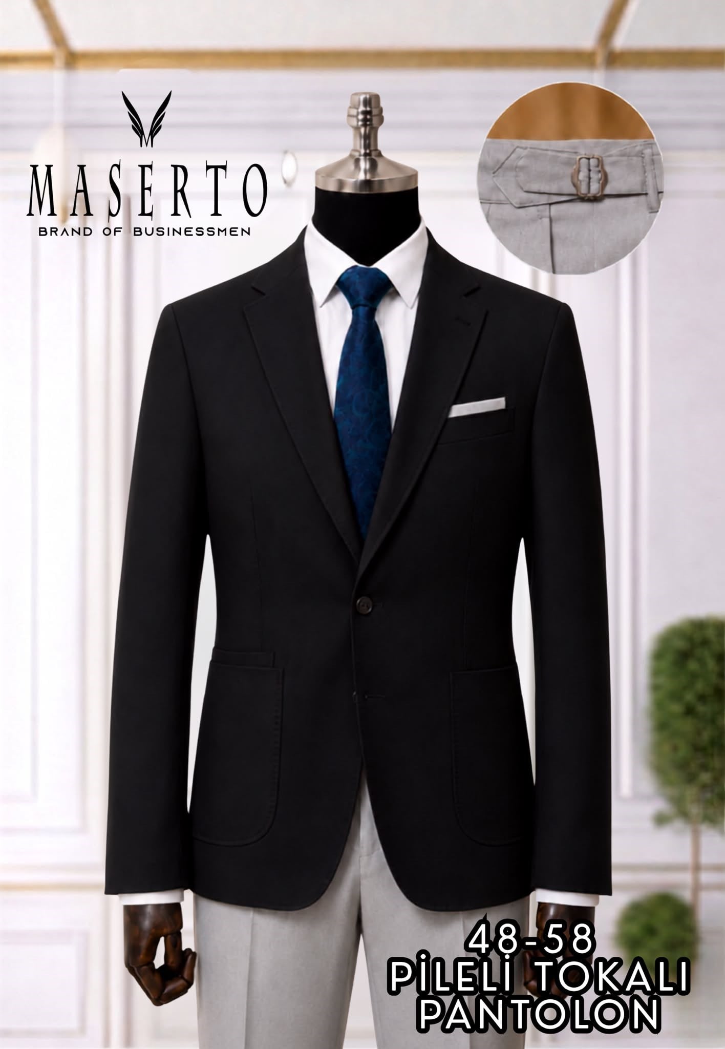 Maserto Erkek Siyah Slim Fit Blazer Ceket Açık Gri Pileli Tokalı Pantolon Kombin