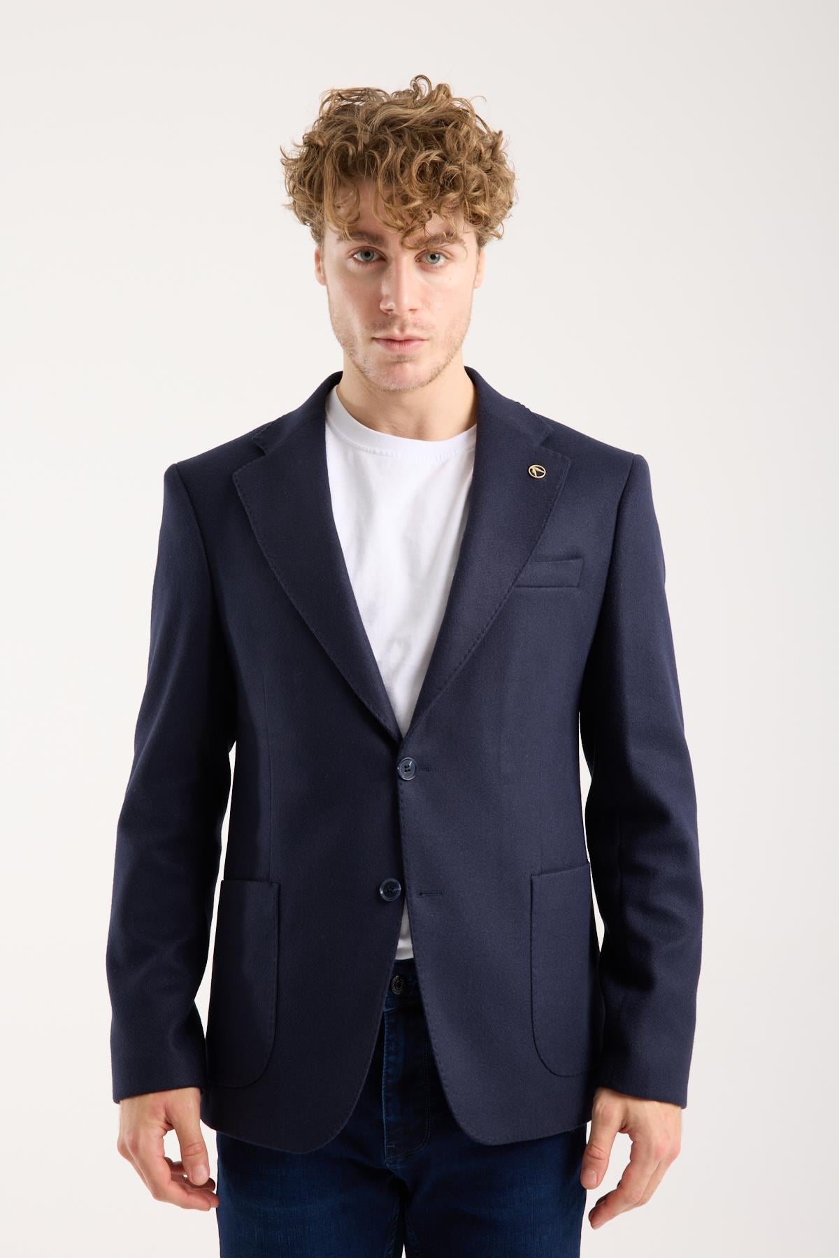 Erkek Lacivert Slim Fit Kaşe Blazer Ceket