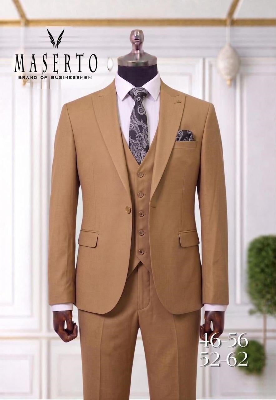 MASERTO Camel Slim Fit Yelekli Erkek Takım Elbise