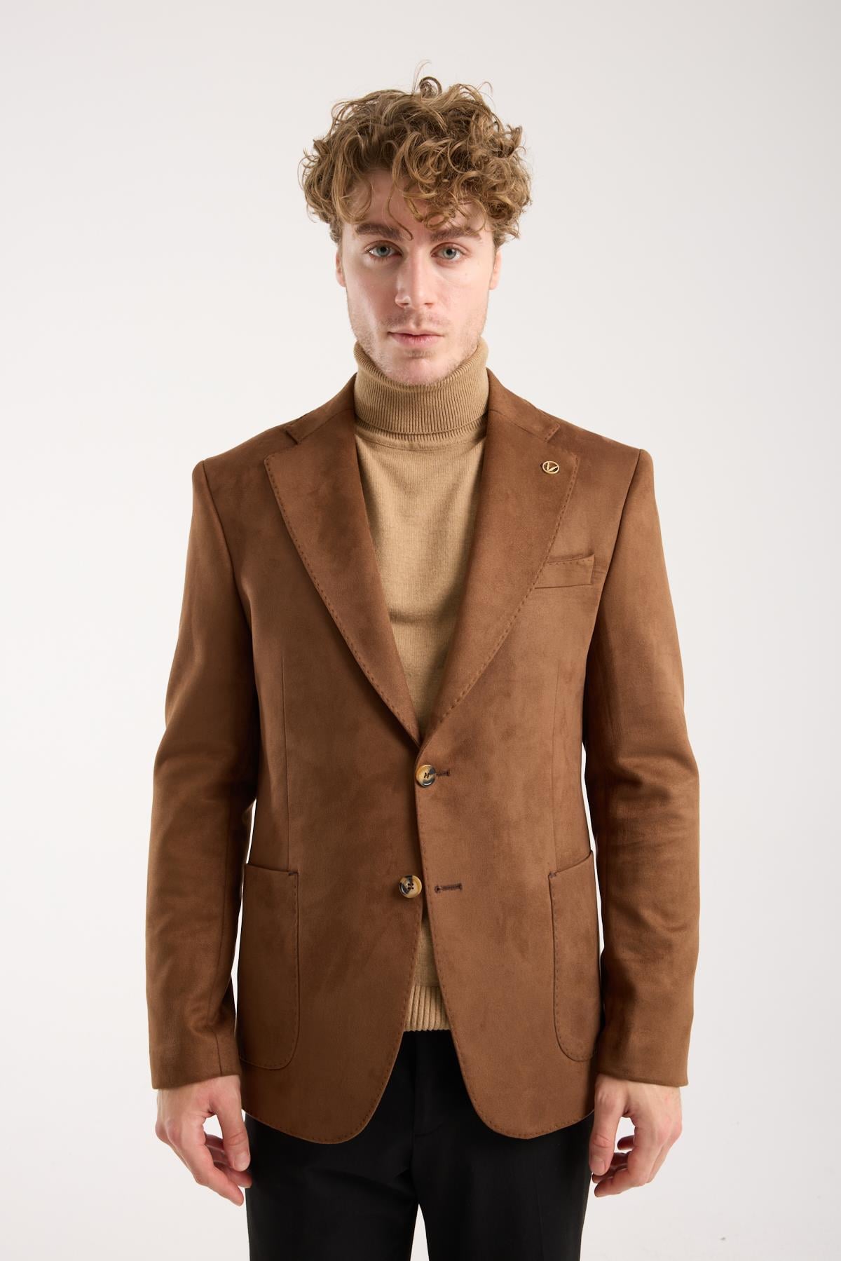 Erkek Kahverengi Slim Fit Kaşe Blazer Ceket