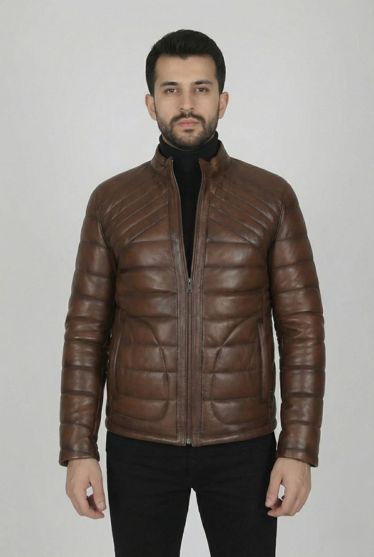 Taba Düz Çizgi Desenli Deri Mont