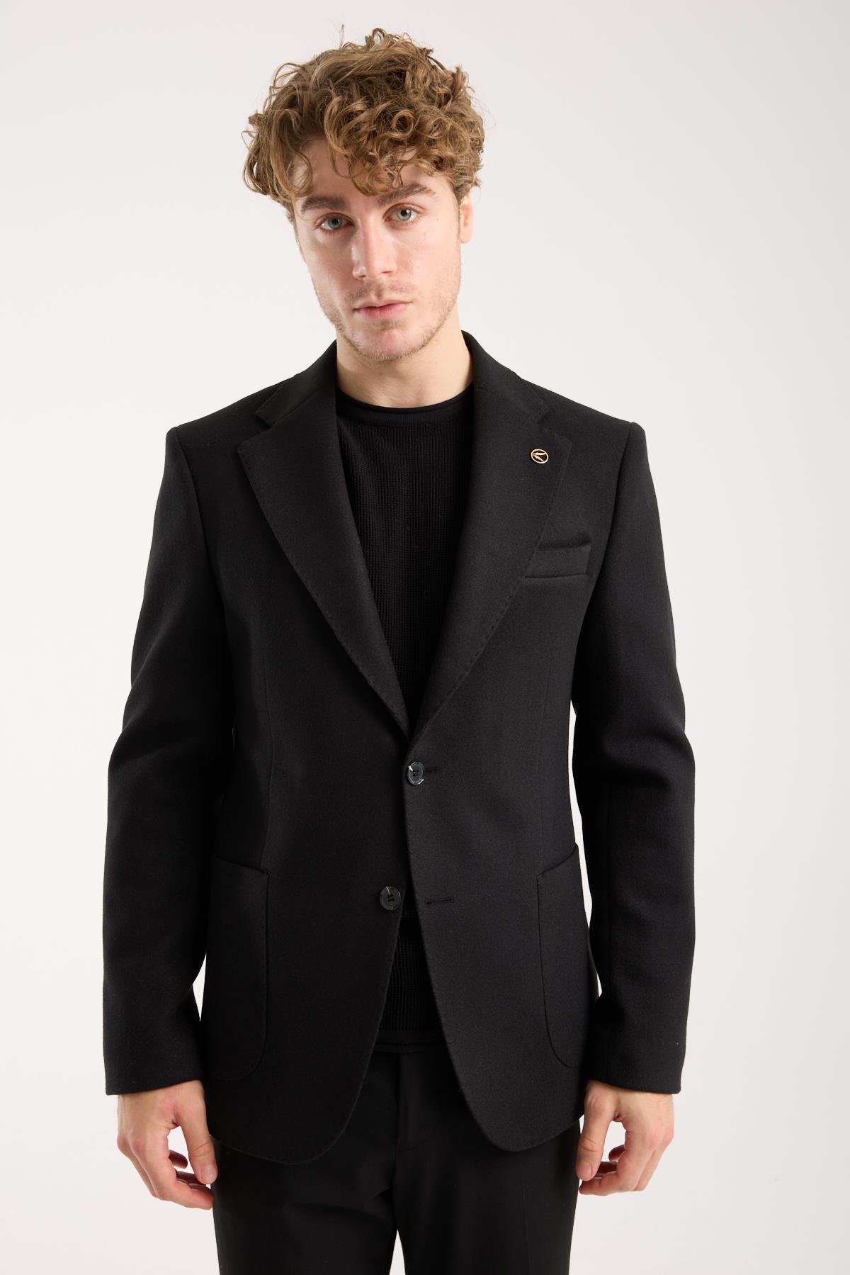 Maserto Kışlık Siyah Likralı Kaşe Erkek Ceket