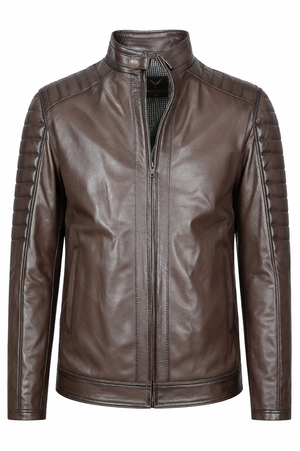 Erkek Kahverengi Dik Yaka Deri Mont