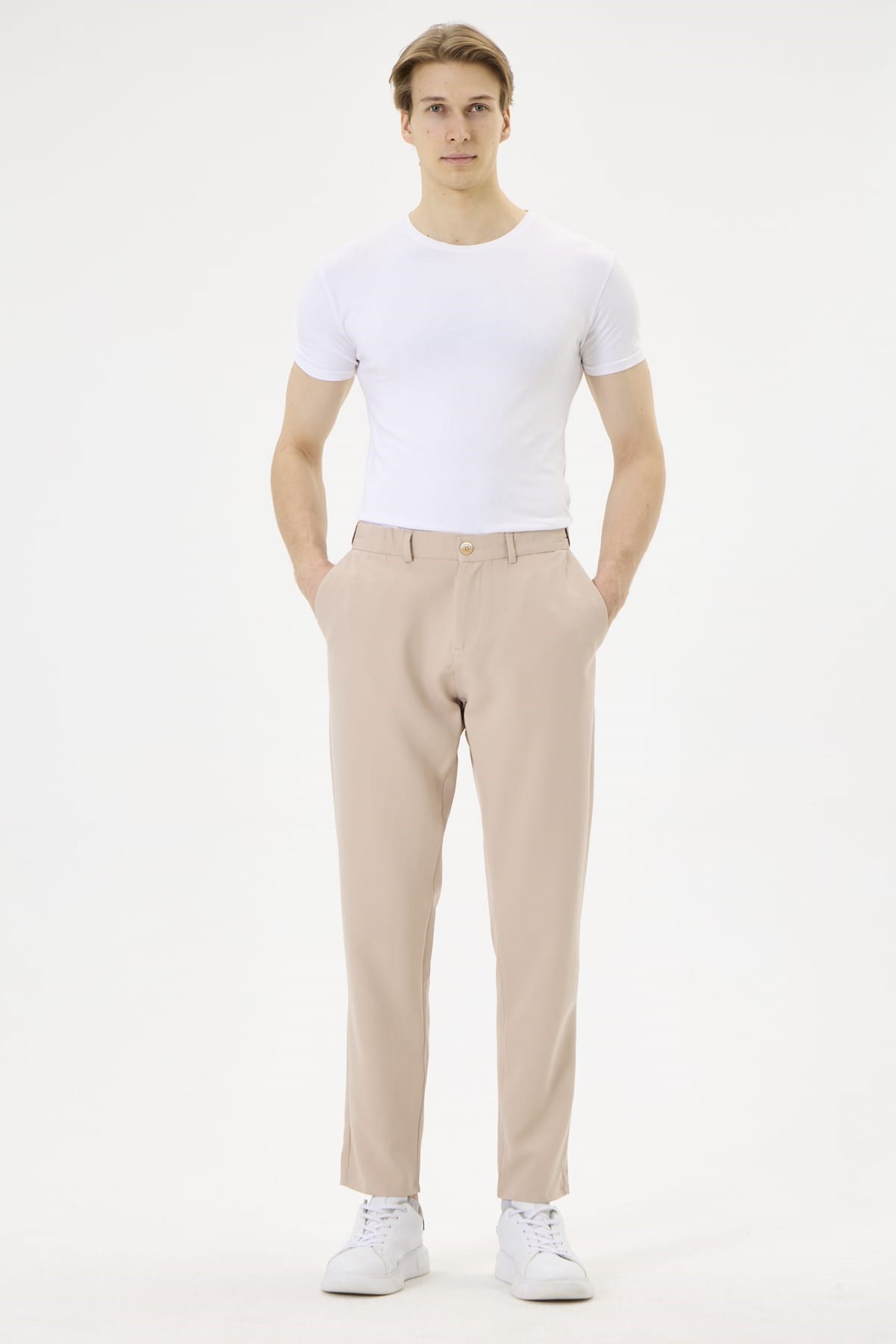Erkek Bej Slim Fit Esnek Beli Lastikli Poliviskon Kumaş Pantolon