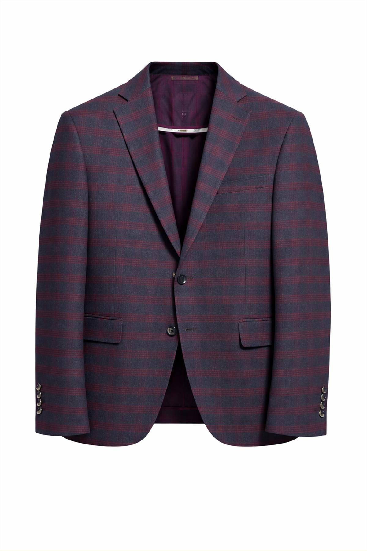 Erkek Bordo Ekose Desenli Slim Fit Blazer Ceket