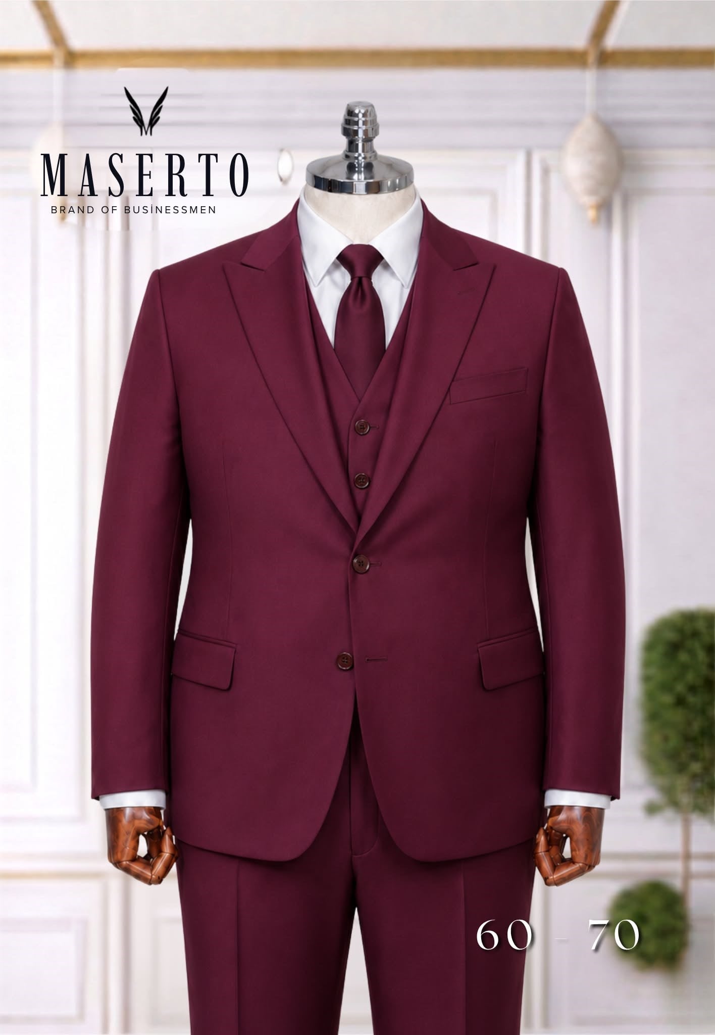 Maserto Battal Beden Bordo Modern Fit 3 Parça Yelekli Takım Elbise