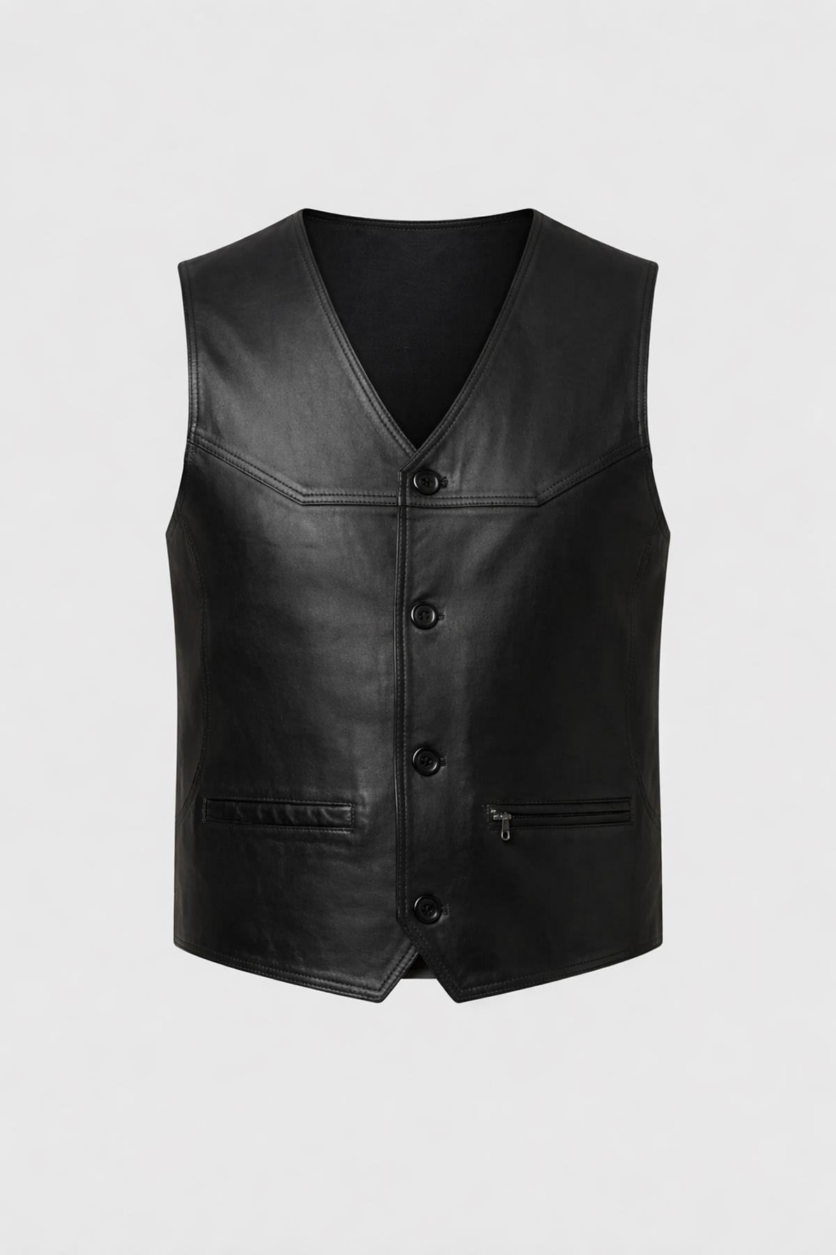 Siyah Önden Üç Düğmeli Deri Yelek