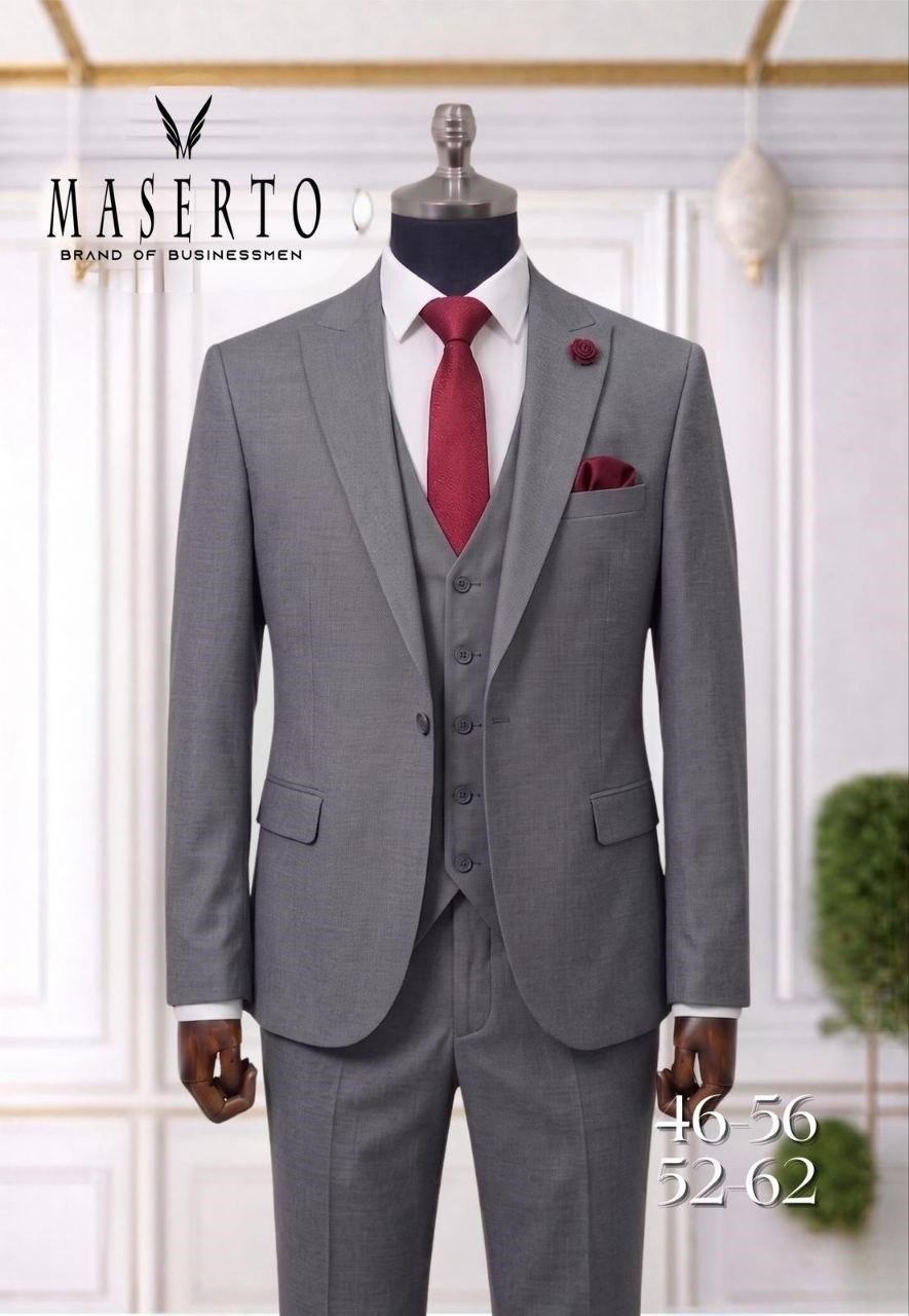 MASERTO Gri Slim Fit Yelekli Erkek Takım Elbise
