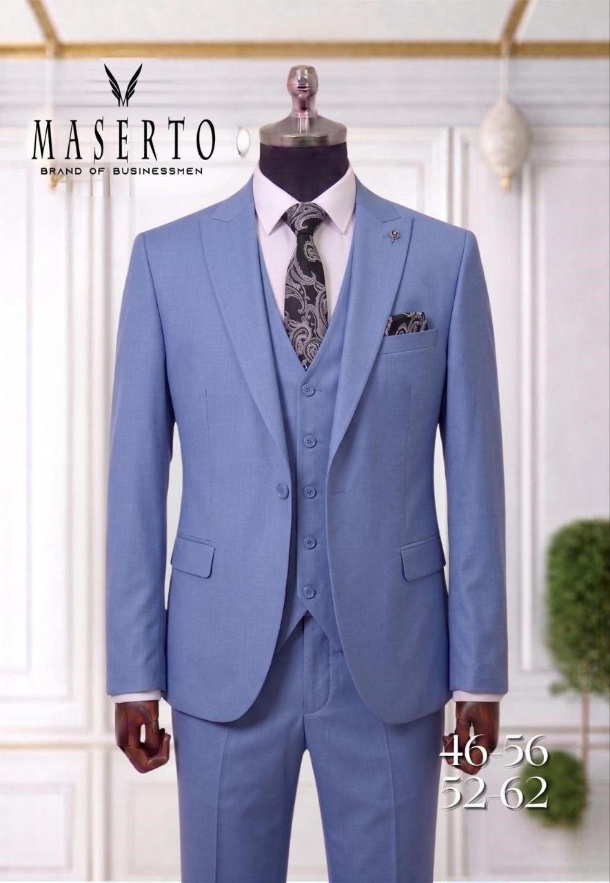 MASERTO Mavi Slim Fit Yelekli Erkek Takım Elbise