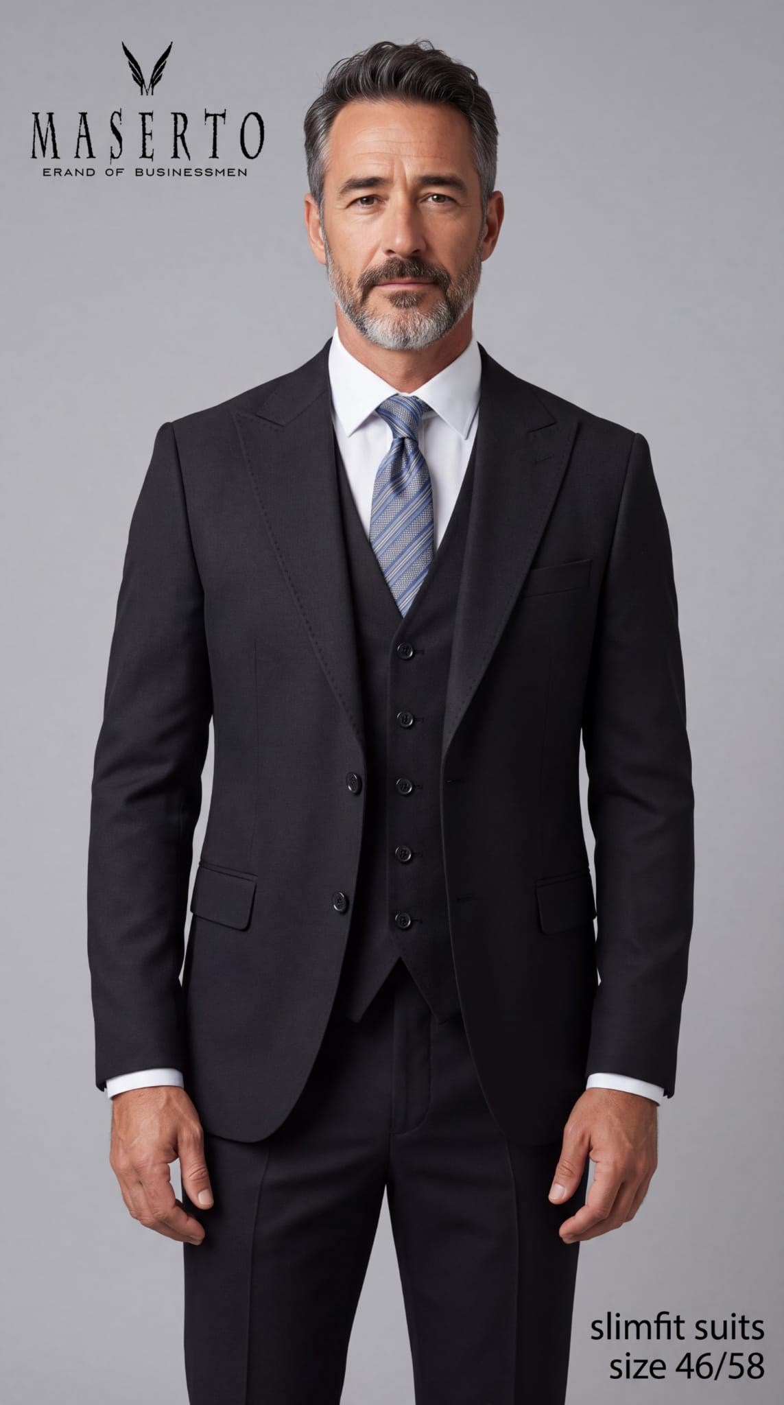 Maserto Erkek Siyah Slim Fit Yelekli 3 Parça Takım Elbise